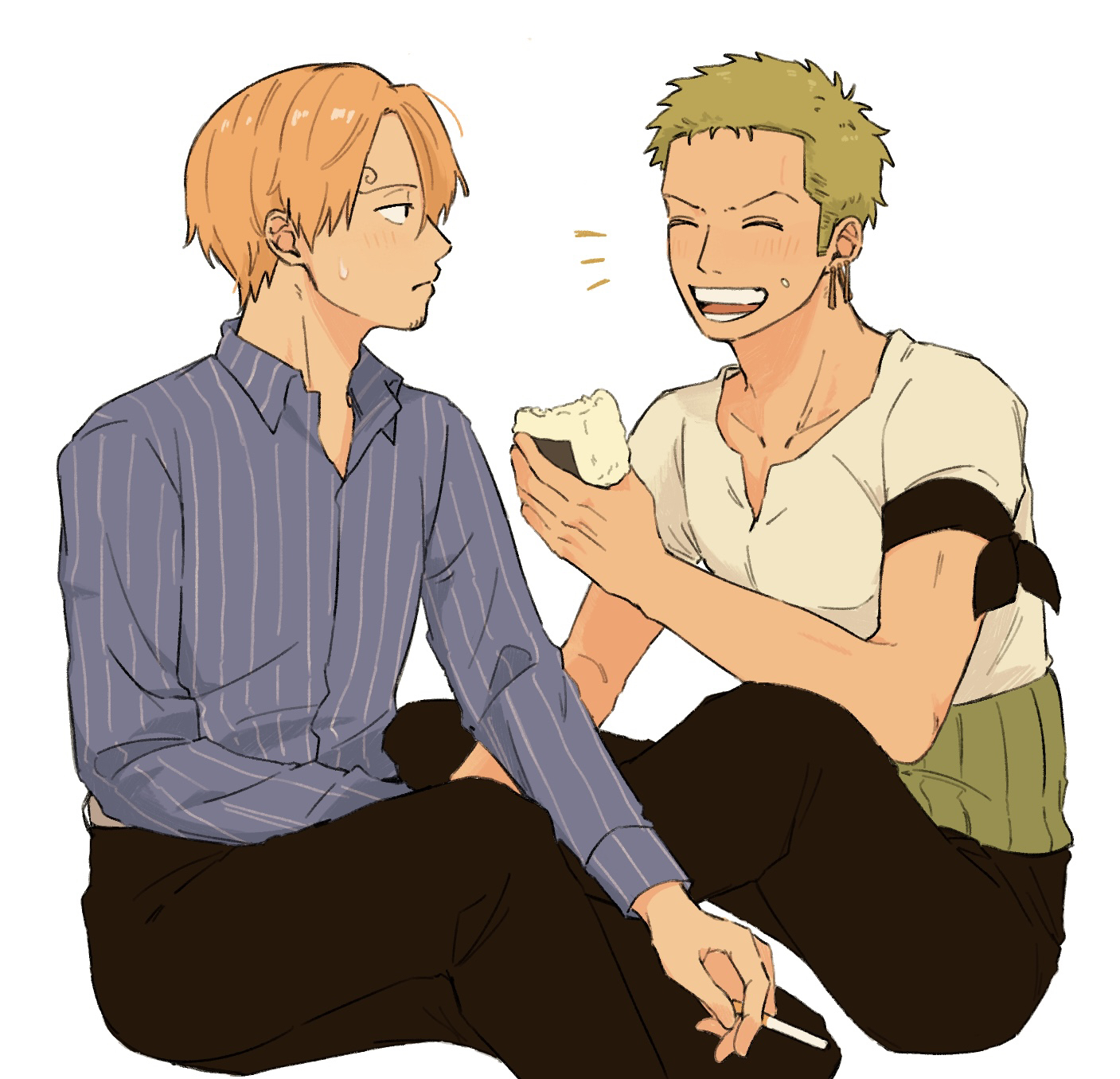 iqracha, roronoa zoro, sanji (one piece), one piece, highres, 2boys, black pants, blonde hair, blue shirt, cigarette, curly eyebrows, eating, facial hair, facing another, food, food on face, goatee, happy, looking at another, male focus, multiple boys, onigiri, open mouth, pants, shirt, short hair, simple background, sitting, striped clothes, striped shirt, vertical-striped clothes, vertical-striped shirt, white background