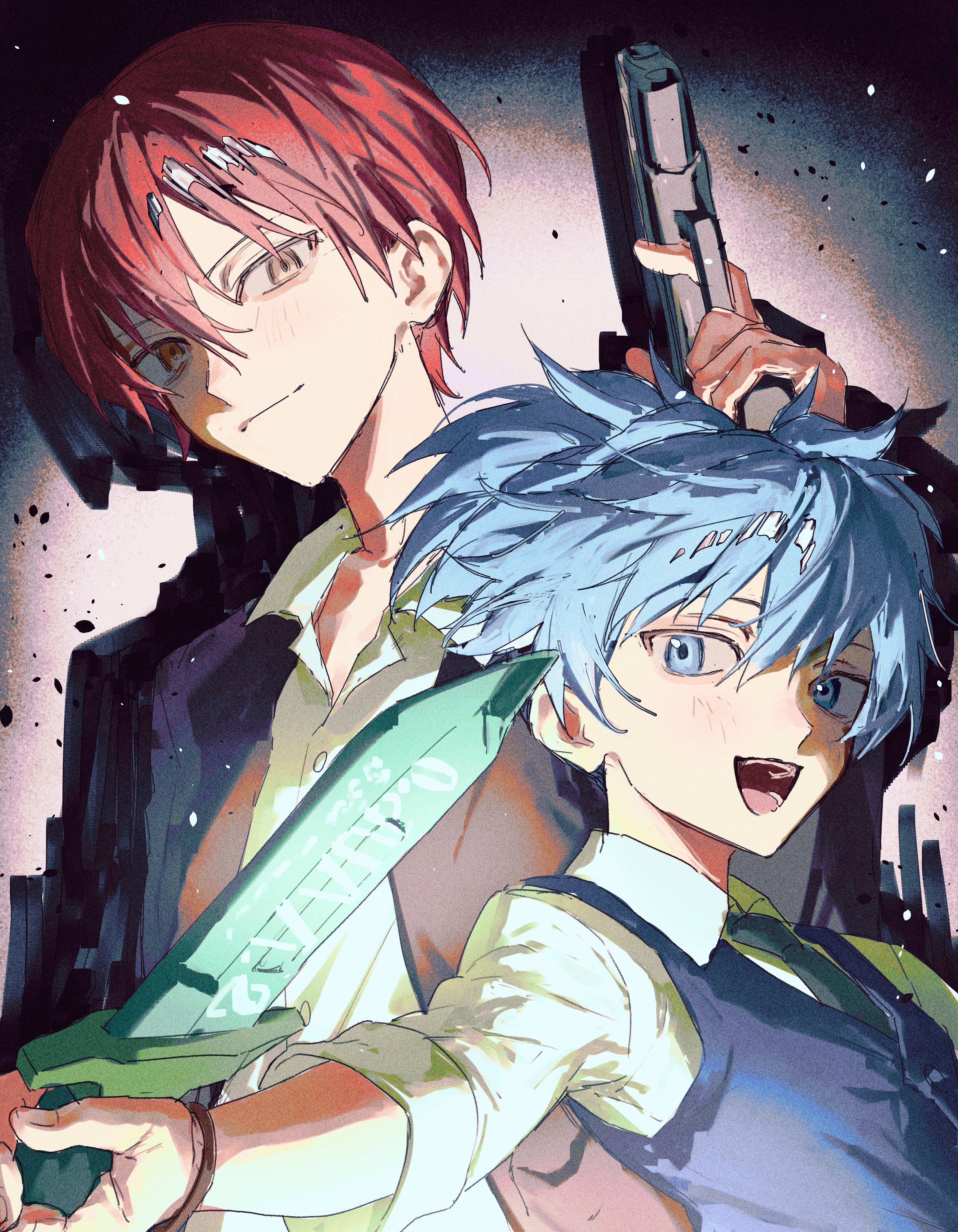 333takoyaki, akabane karma, shiota nagisa, ansatsu kyoushitsu, absurdres, commentary request, highres, 2boys, black jacket, black vest, blue eyes, blue hair, brown eyes, collared shirt, gun, handgun, holding, holding gun, holding weapon, jacket, looking at viewer, male focus, multiple boys, open mouth, red hair, shirt, simple background, vest, weapon, white shirt