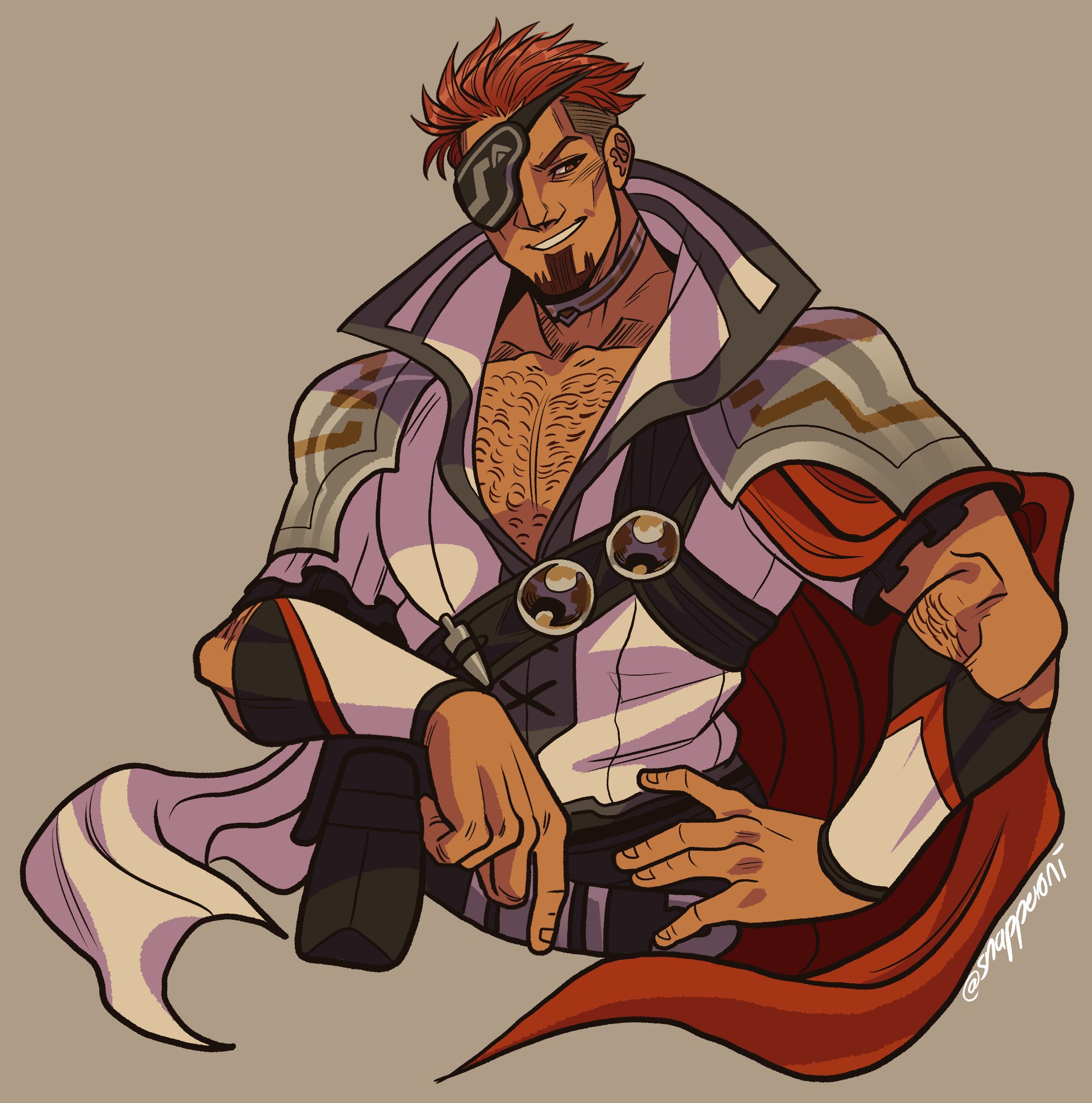 snapperoni, saber (fire emblem), saber (resplendent) (fire emblem), fire emblem, fire emblem echoes: shadows of valentia, fire emblem heroes, nintendo, commentary, commission, english commentary, highres, 1boy, bara, brown eyes, chest hair, cropped torso, facial hair, goatee, male focus, muscular, muscular male, official alternate costume, pectoral cleavage, pectorals, red hair, short hair, simple background, smile, solo, undercut