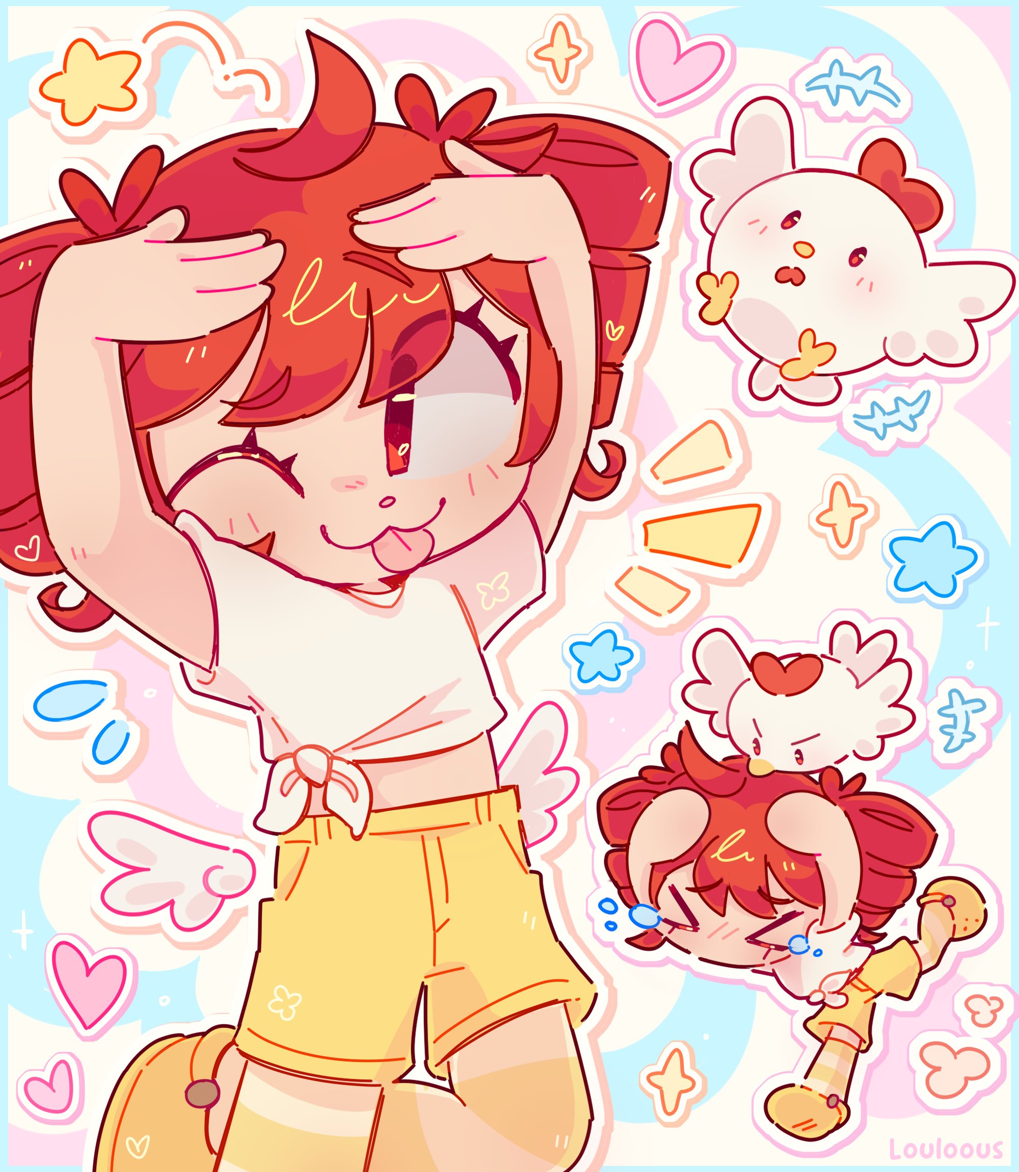 louloous, kasane teto, birdbrain (synthesizer v), utau, commentary, english commentary, highres, > <, 1girl, :3, ahoge, animal, bird, chibi, chicken, crocs, crop top, crying, detached wings, dojikko pose, drill hair, flying sweatdrops, looking to the side, midriff, mini wings, multiple views, one eye closed, red eyes, red hair, shirt, short sleeves, shorts, smile, standing, standing on one leg, star (symbol), striped clothes, striped thighhighs, tears, thighhighs, tied shirt, tongue, tongue out, twin drills, wings