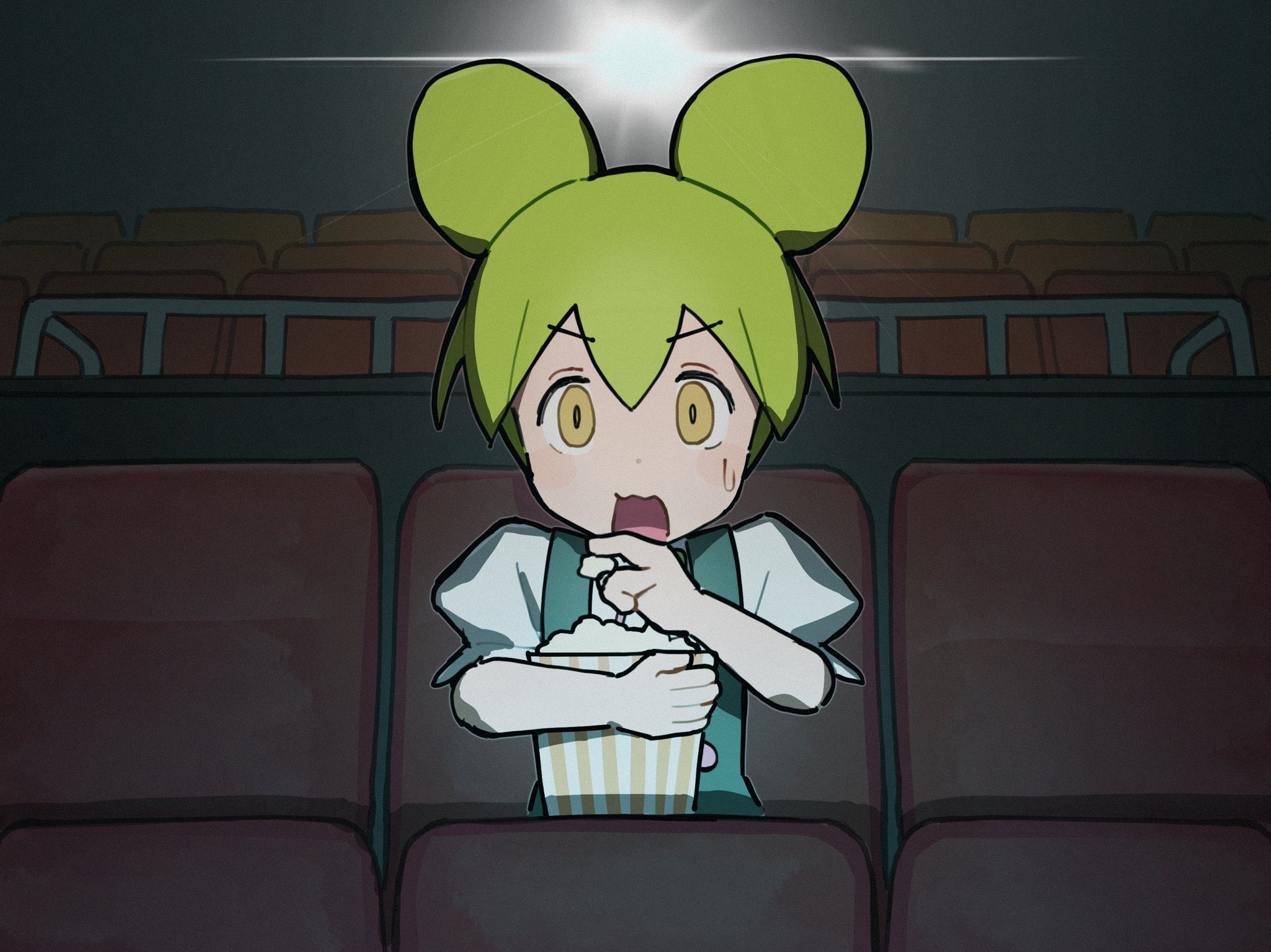 okepi, zundamon, voicevox, highres, 1girl, double bun, food, green hair, hair bun, holding, holding food, indoors, looking ahead, movie theater, open mouth, popcorn, short sleeves, solo, sweat, wavy mouth, yellow eyes