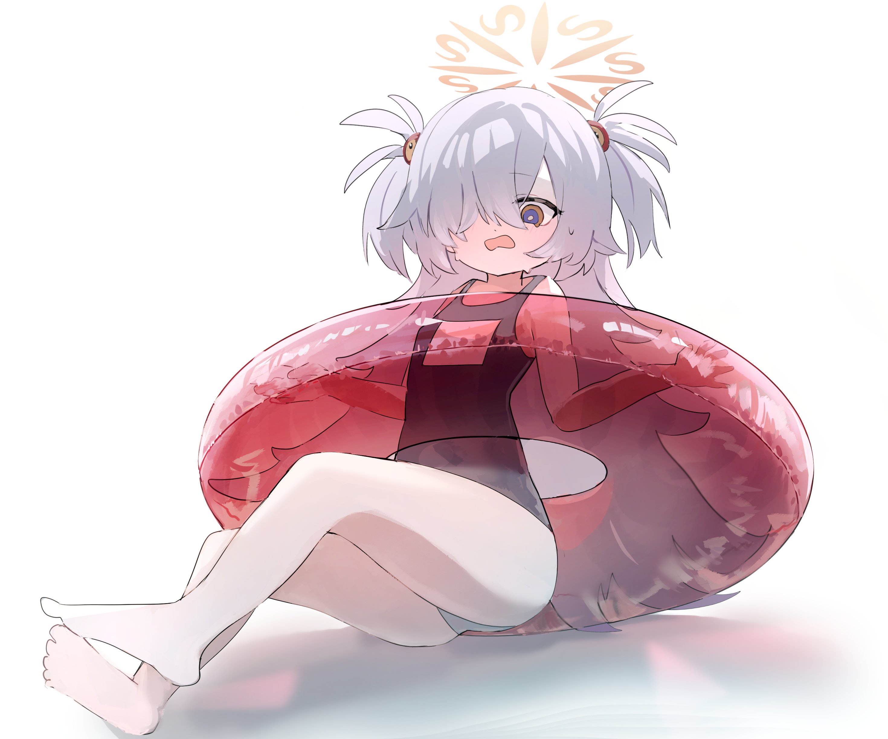 nacoty, kanoe (blue archive), blue archive, absurdres, commentary, highres, bare legs, embarrassed, grey hair, hair ornament, hair over one eye, halo, innertube, long hair, orange eyes, school swimsuit, swim ring, swimsuit, white background