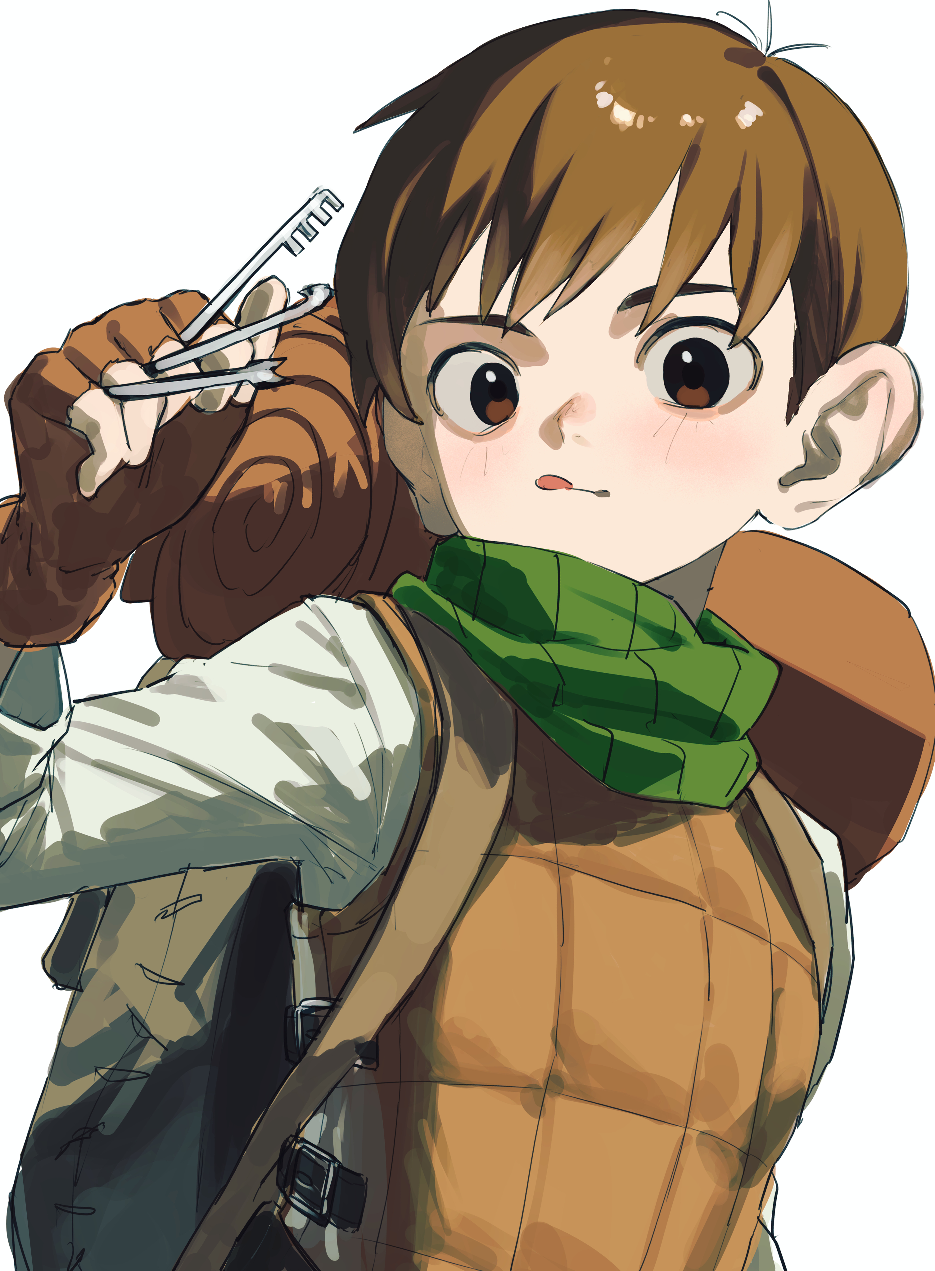 333takoyaki, chilchuck tims, dungeon meshi, absurdres, commentary request, highres, 1boy, :q, armor, backpack, bag, between fingers, blush, brown eyes, brown gloves, brown hair, fingerless gloves, gloves, holding, holding key, key, keyring, leather armor, lockpick, long sleeves, looking at viewer, male focus, neck warmer, shirt, simple background, solo, tongue, tongue out, upper body, white background