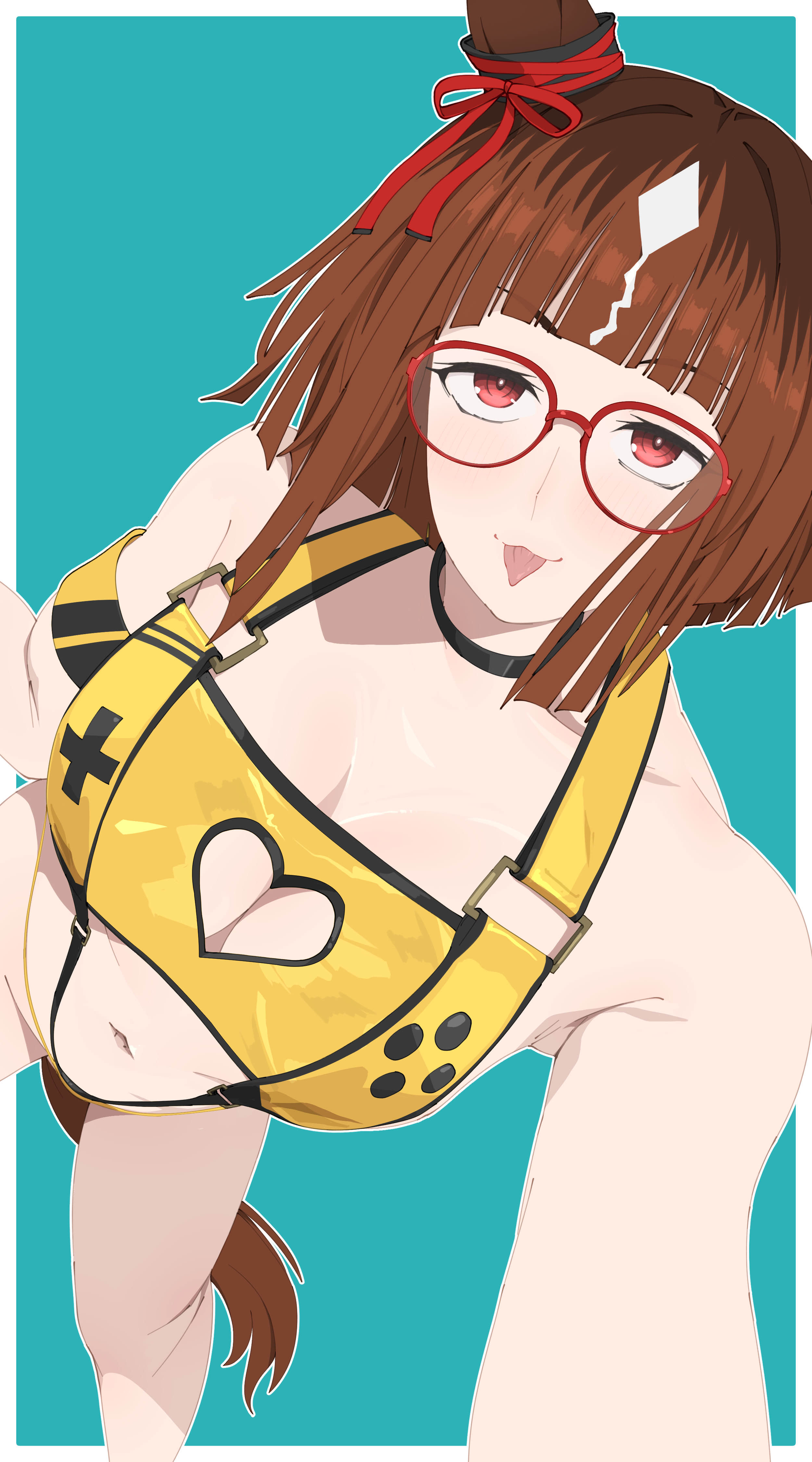 kumabachi315, elegg (boom and shock) (nikke), elegg (nikke), transcend (umamusume), goddess of victory: nikke, umamusume, absurdres, commentary request, highres, 1girl, animal ears, bare shoulders, bikini, black choker, blue background, border, breasts, brown hair, choker, cleavage, clothing cutout, cosplay, dutch angle, ear ornament, elegg (nikke) (cosplay), from above, glasses, horse ears, horse girl, horse tail, multicolored hair, navel, outside border, red-framed eyewear, red eyes, simple background, solo, stomach, streaked hair, swimsuit, tail, tongue, tongue out, white border, white hair, yellow bikini