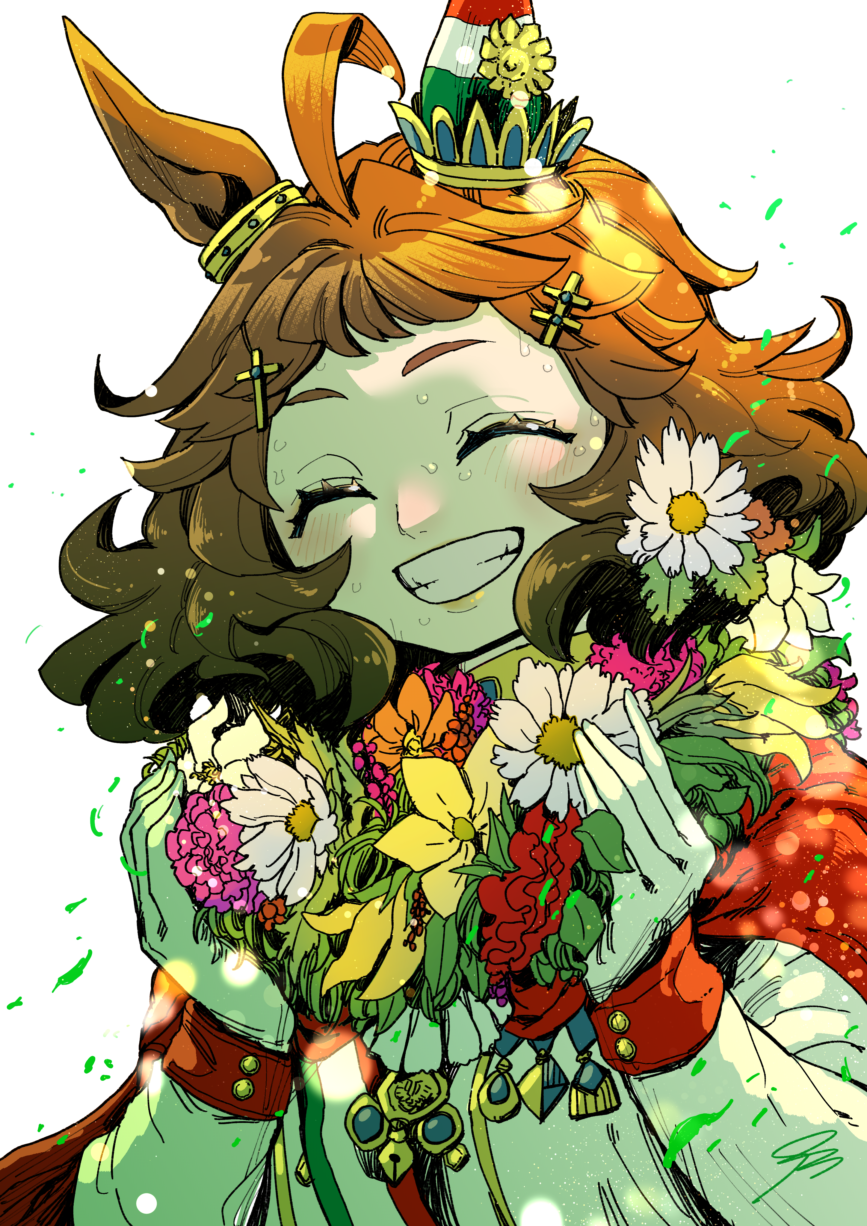 moriseishiro (uroshiiserimo), original, umamusume, absurdres, commentary request, highres, ahoge, animal ears, brown hair, closed eyes, cross hair ornament, flower, gloves, grin, hair ornament, holding, holding flower, horse ears, horse girl, kincsem (racehorse), orange flower, pink flower, red flower, simple background, smile, sweat, white background, white flower, white gloves, yellow flower
