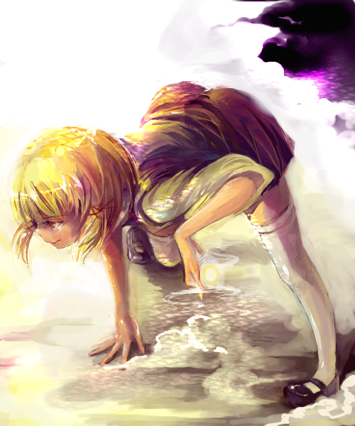 cis (carcharias), moriya suwako, touhou, 1girl, bent over, black shoes, blonde hair, female focus, no headwear, oekaki, shoes, solo, thighhighs, white thighhighs