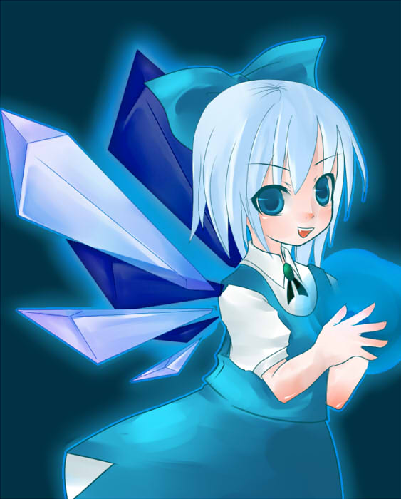 toumiya aya, cirno, embodiment of scarlet devil, touhou, 1girl, bow, female focus, simple background, solo