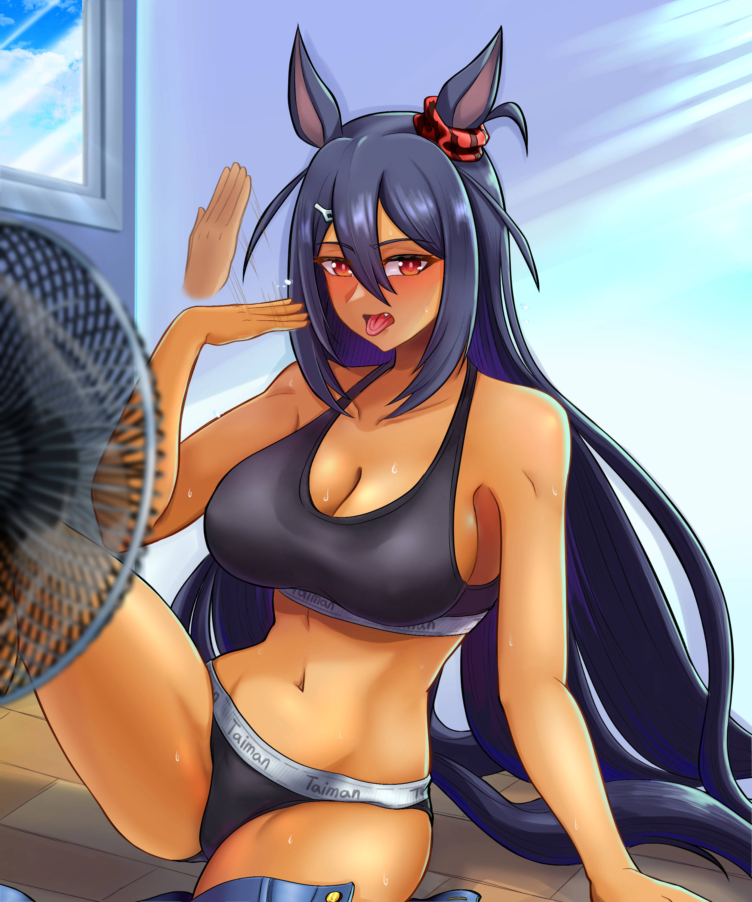 rottenorang, hishi amazon (umamusume), umamusume, absurdres, commentary request, highres, 1girl, animal ears, armpits, bare shoulders, black sports bra, breasts, cleavage, collarbone, dark-skinned female, dark skin, ear ornament, electric fan, fanning self, hair between eyes, hair ornament, hairclip, horse ears, horse girl, horse tail, large breasts, long hair, navel, panties, pants around one leg, red eyes, sitting, solo, sports bra, sweat, tail, tongue, tongue out, underwear, underwear only, very long hair, window