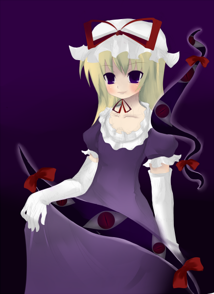 toumiya aya, yakumo yukari, touhou, 1girl, dress, elbow gloves, female focus, gap (touhou), gloves, gradient background, hat, mob cap, solo, white hat