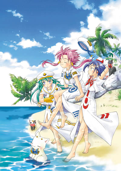 aika granzchesta, alice carroll, aria pokoteng, hime granzchesta, mizunashi akari, president maa, aria (manga), 00s, 3girls, barefoot, beach, blouse, cat, day, multiple girls, ocean, palm tree, shirt, tree, white shirt, wind, wind lift