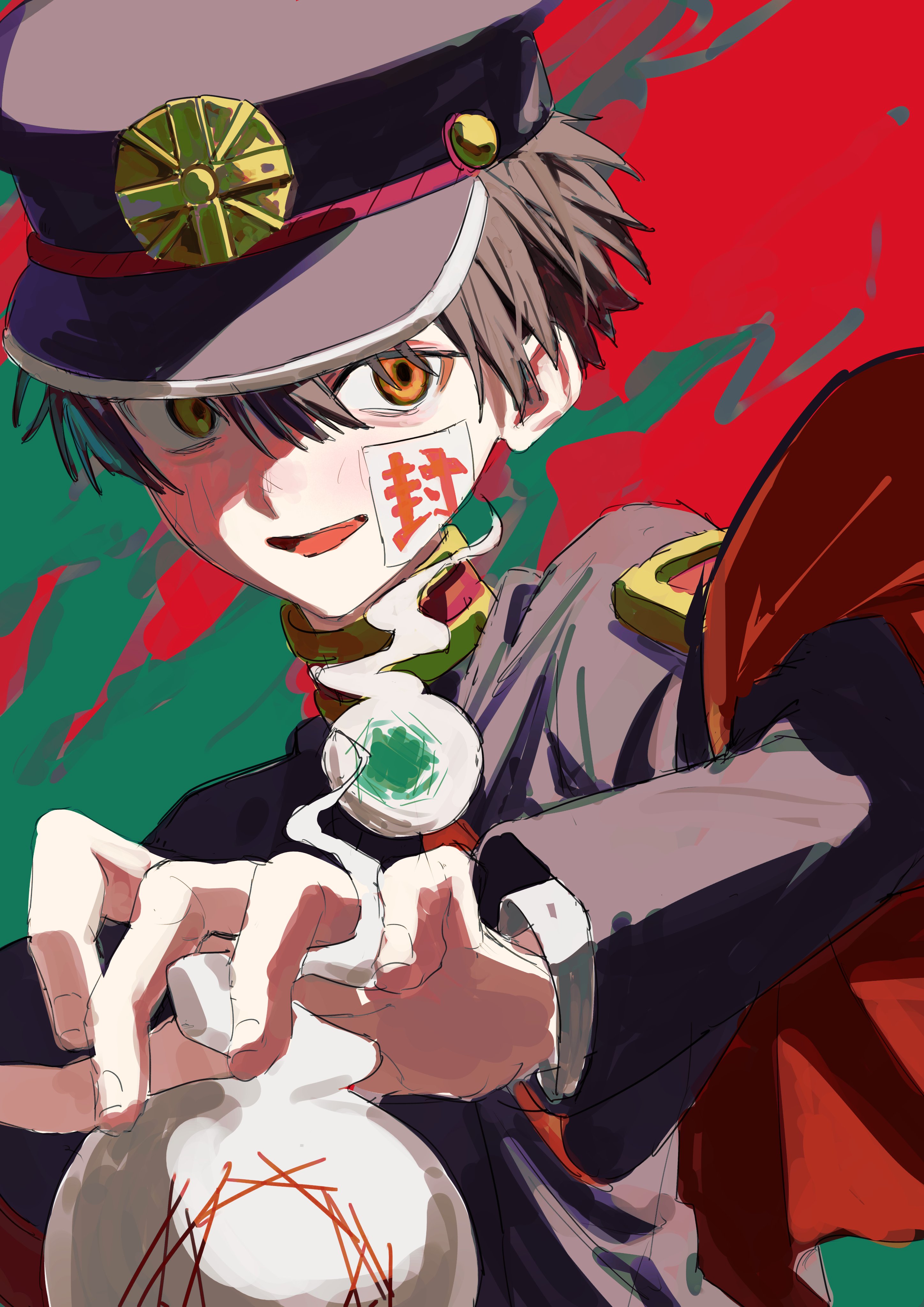 333takoyaki, hanako (jibaku shounen hanako-kun), jibaku shounen hanako-kun, absurdres, commentary request, highres, 1boy, black hair, black hat, gakuseibou, green eyes, hair between eyes, hat, heterochromia, hitodama, long sleeves, male focus, ofuda, open mouth, orange eyes, solo, upper body