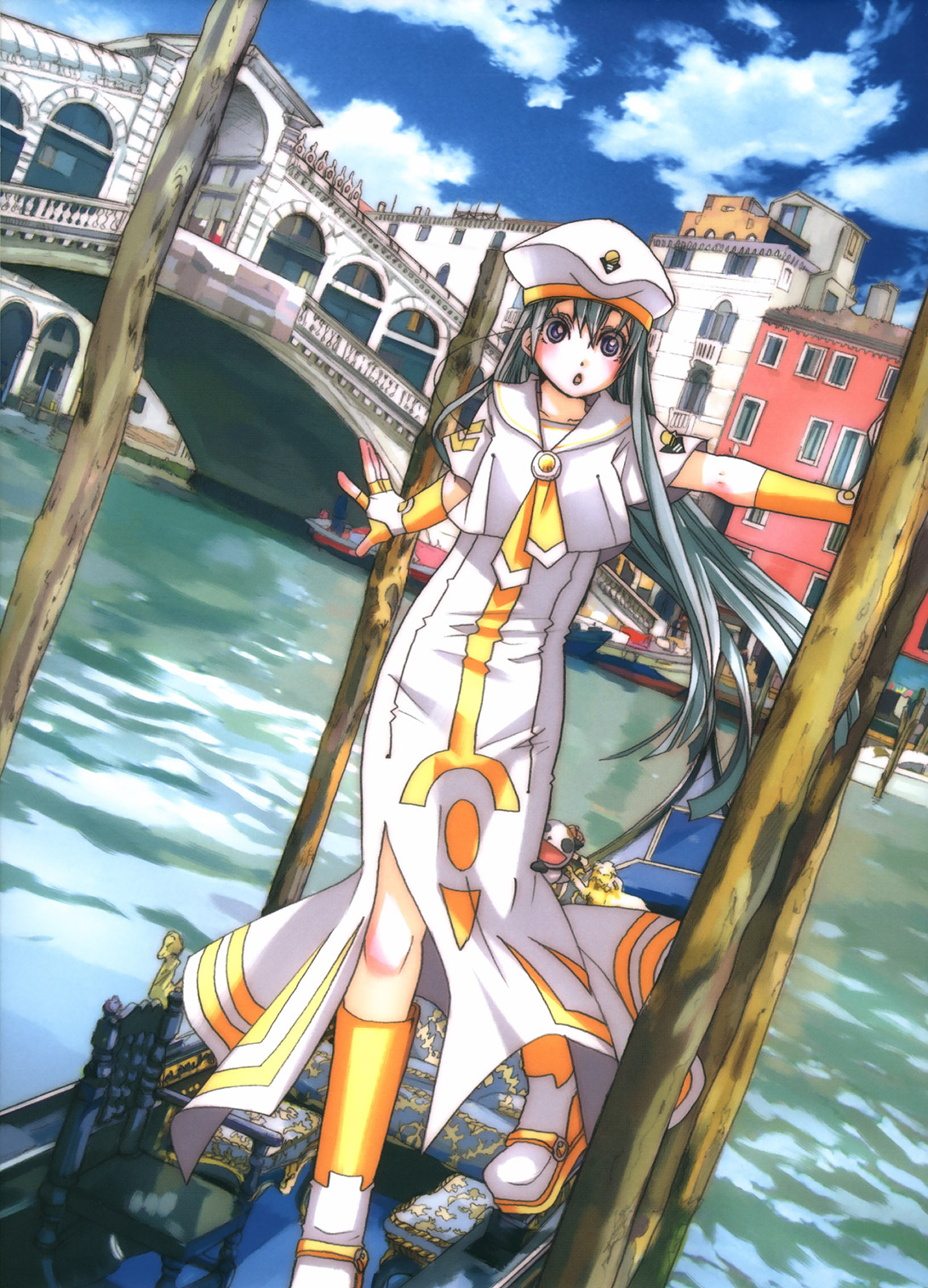 amano kozue, alice carroll, aria (manga), highres, 00s, :o, blue eyes, blush, gloves, gondola, green hair, orange planet uniform, solo, venice