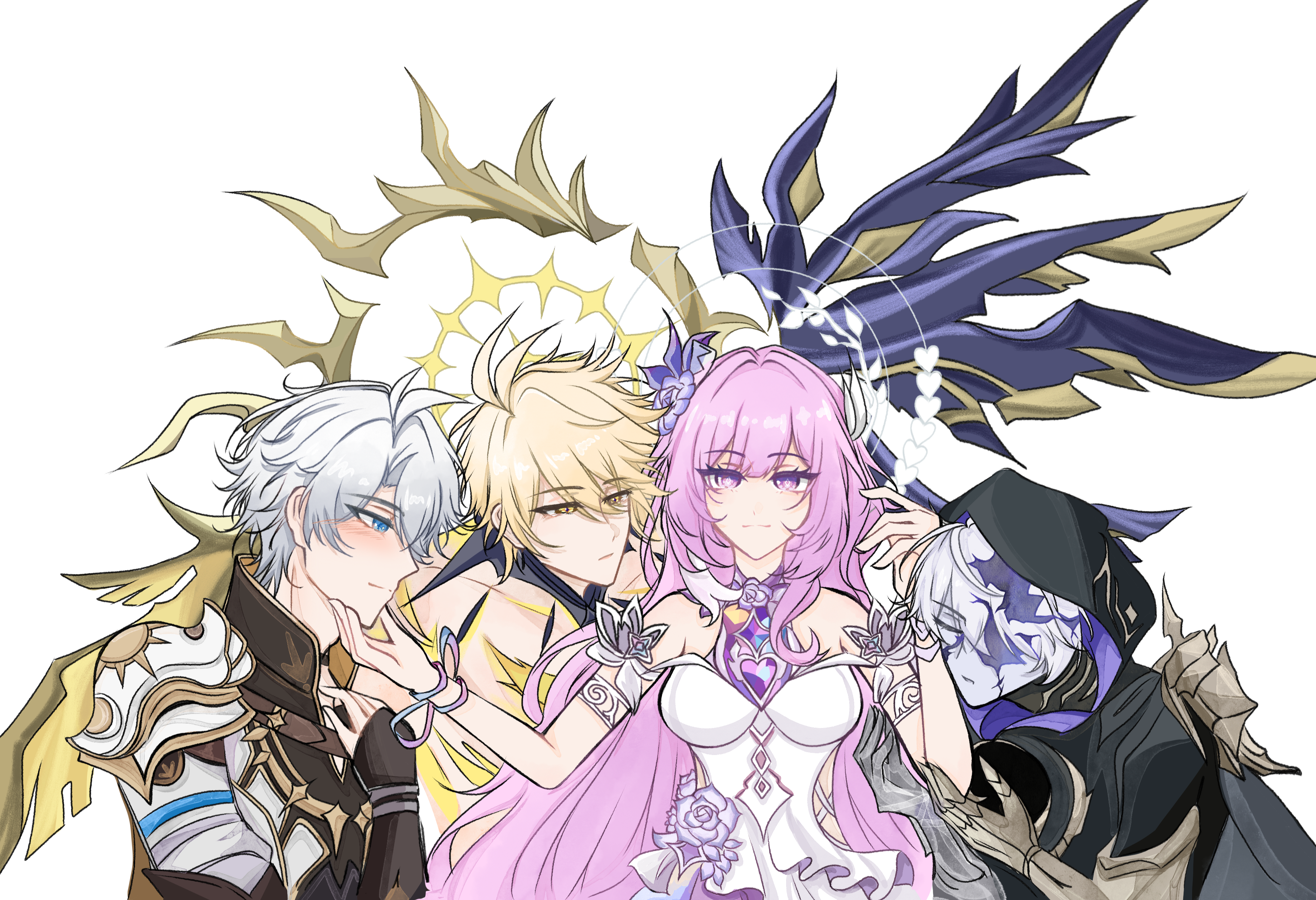 xiongmoudong, cyrene (honkai: star rail), flame reaver of the deepest dark, phainon (honkai: star rail), phainon (khaslana) (honkai: star rail), honkai: star rail, honkai (series), absurdres, chinese commentary, commentary request, highres, 1girl, 3boys, ahoge, asymmetrical wings, black hood, black wings, blonde hair, blue eyes, cracked skin, diamond-shaped pupils, diamond (shape), dress, gold blood, gold gloves, halo, hand on another's chin, hetero, long hair, mismatched wings, multicolored hair, multiple boys, multiple persona, pink hair, purple eyes, short hair, simple background, smile, symbol-shaped pupils, two-tone hair, very long hair, white background, white dress, white hair, wings, yellow wings