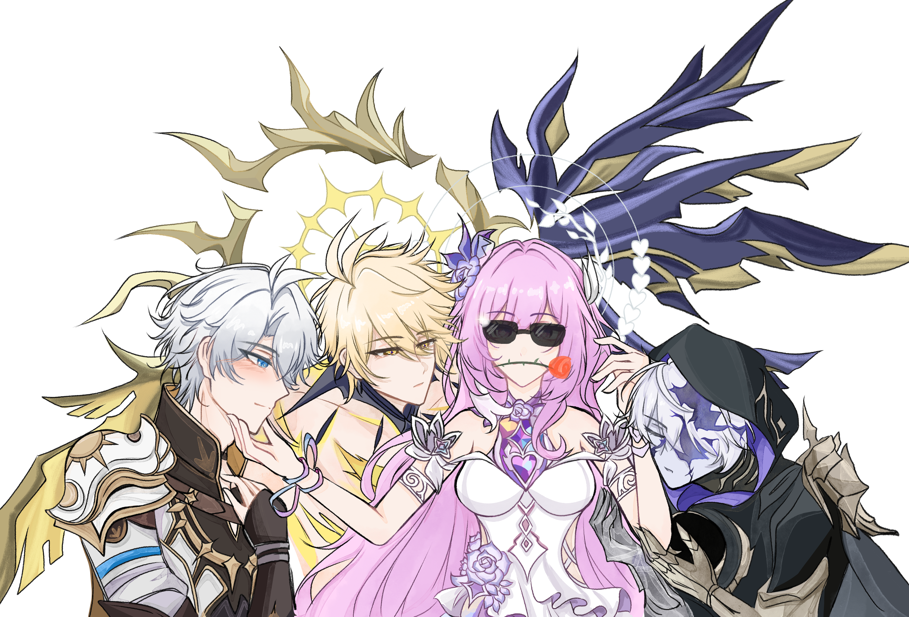 xiongmoudong, cyrene (honkai: star rail), flame reaver of the deepest dark, phainon (honkai: star rail), phainon (khaslana) (honkai: star rail), honkai: star rail, honkai (series), absurdres, chinese commentary, commentary request, highres, 1girl, 3boys, ahoge, asymmetrical wings, black hood, black wings, blonde hair, blue eyes, cracked skin, dress, flower, flower in mouth, gold blood, gold gloves, halo, hand on another's chin, hetero, long hair, mismatched wings, multicolored hair, multiple boys, multiple persona, pink hair, red flower, red rose, rose, short hair, simple background, smile, sunglasses, two-tone hair, very long hair, white background, white dress, white hair, wings, yellow wings
