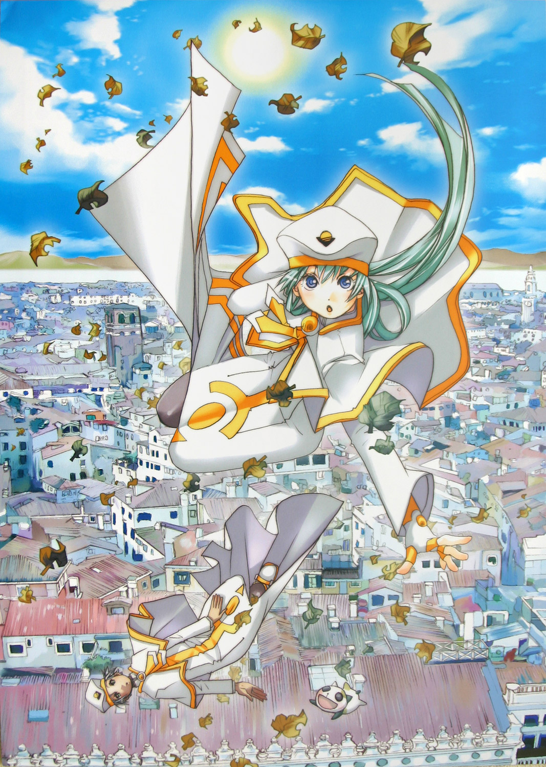 amano kozue, alice carroll, athena glory, aria (manga), uniform, highres, 00s, falling, green hair, long hair, pantyhose, venice