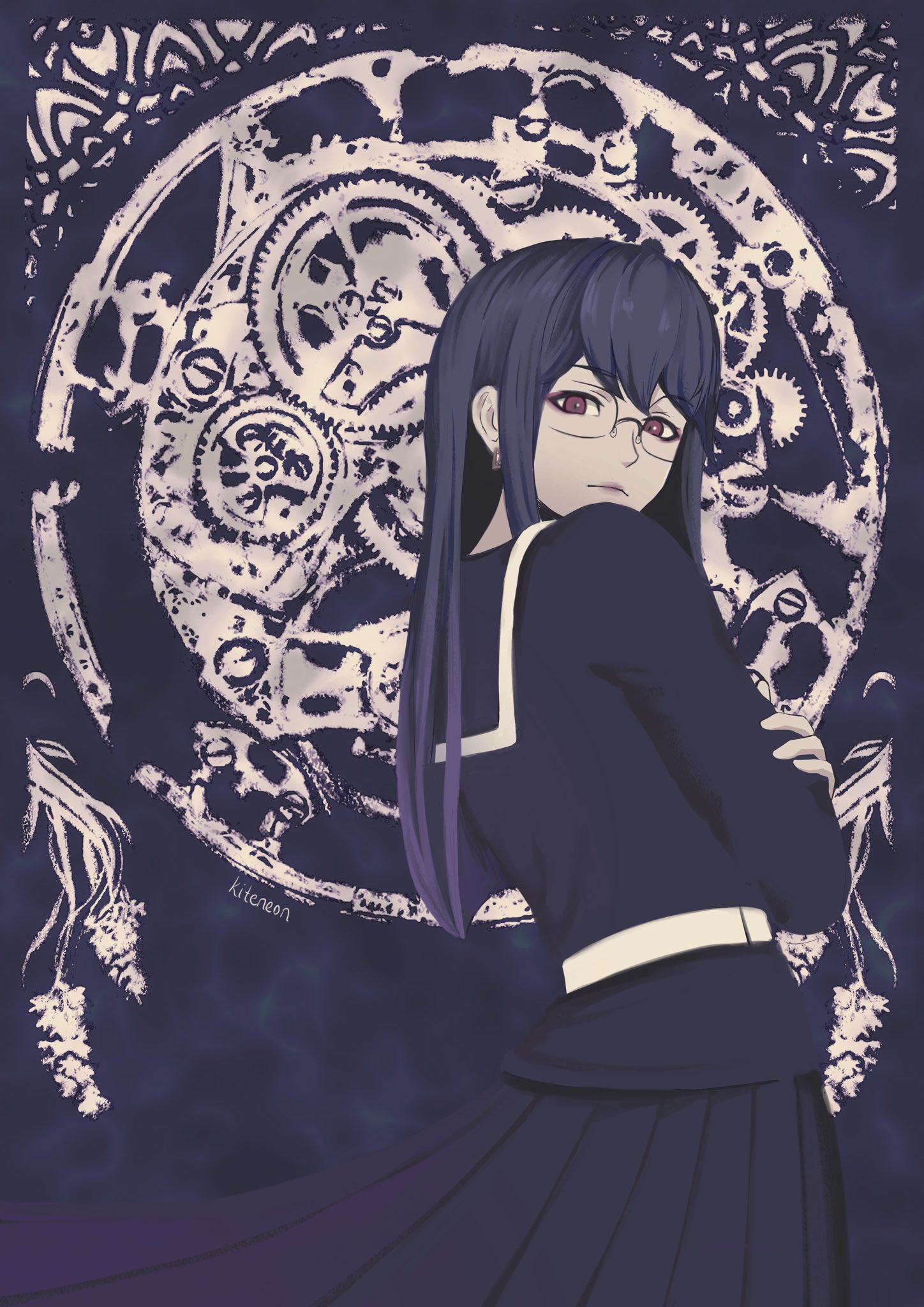 kiteneon, shizuhara hiruko, the hundred line -last defense academy-, highres, 1girl, clockwork, closed mouth, crossed arms, earrings, flower, gakuran, gears, glasses, jewelry, last defense academy school uniform, lavender (flower), long hair, looking at viewer, looking back, purple hair, purple theme, red eyes, school uniform, solo