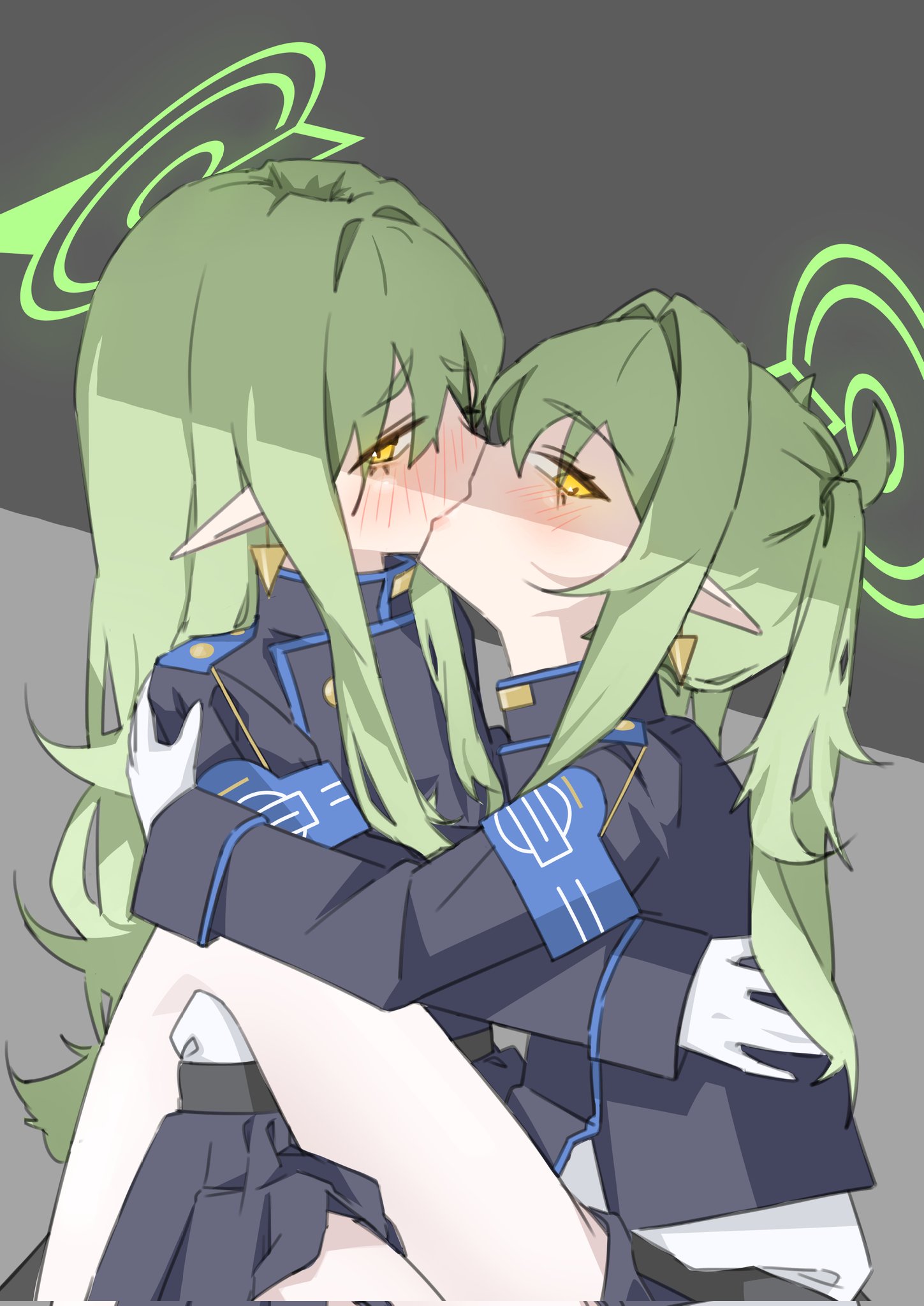hikari (blue archive), nozomi (blue archive), blue archive, commentary, highres, 2girls, armband, black jacket, blue armband, blush, earrings, french kiss, gloves, green hair, jacket, jewelry, kiss, long hair, looking at viewer, multiple girls, pantyhose, pleated skirt, pointy ears, ponytail, shirt, shorts, siblings, skirt, twins, white gloves, white pantyhose, white rectangle, white shirt, yellow eyes, yuri