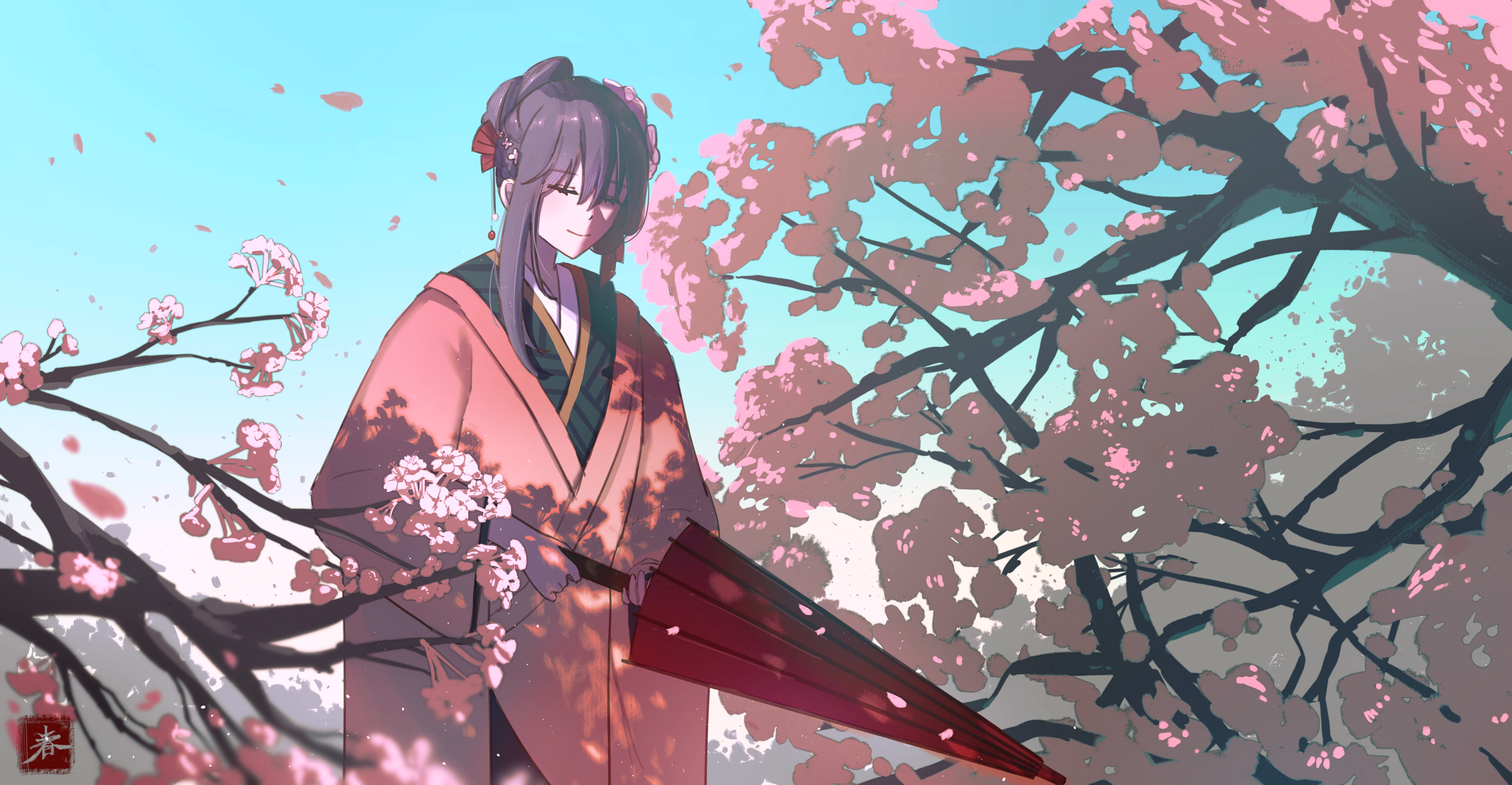 miuoo, matou sakura, matou sakura (fate/extra), fate/extra, fate/stay night, fate (series), absurdres, highres, 1girl, birthday, blue sky, bow, branch, cherry blossoms, closed eyes, day, english text, flower, hair bow, hair flower, hair ornament, hair up, japanese clothes, kanzashi, kimono, name connection, object namesake, oil-paper umbrella, red umbrella, seal impression, sky, smile, uchikake, umbrella