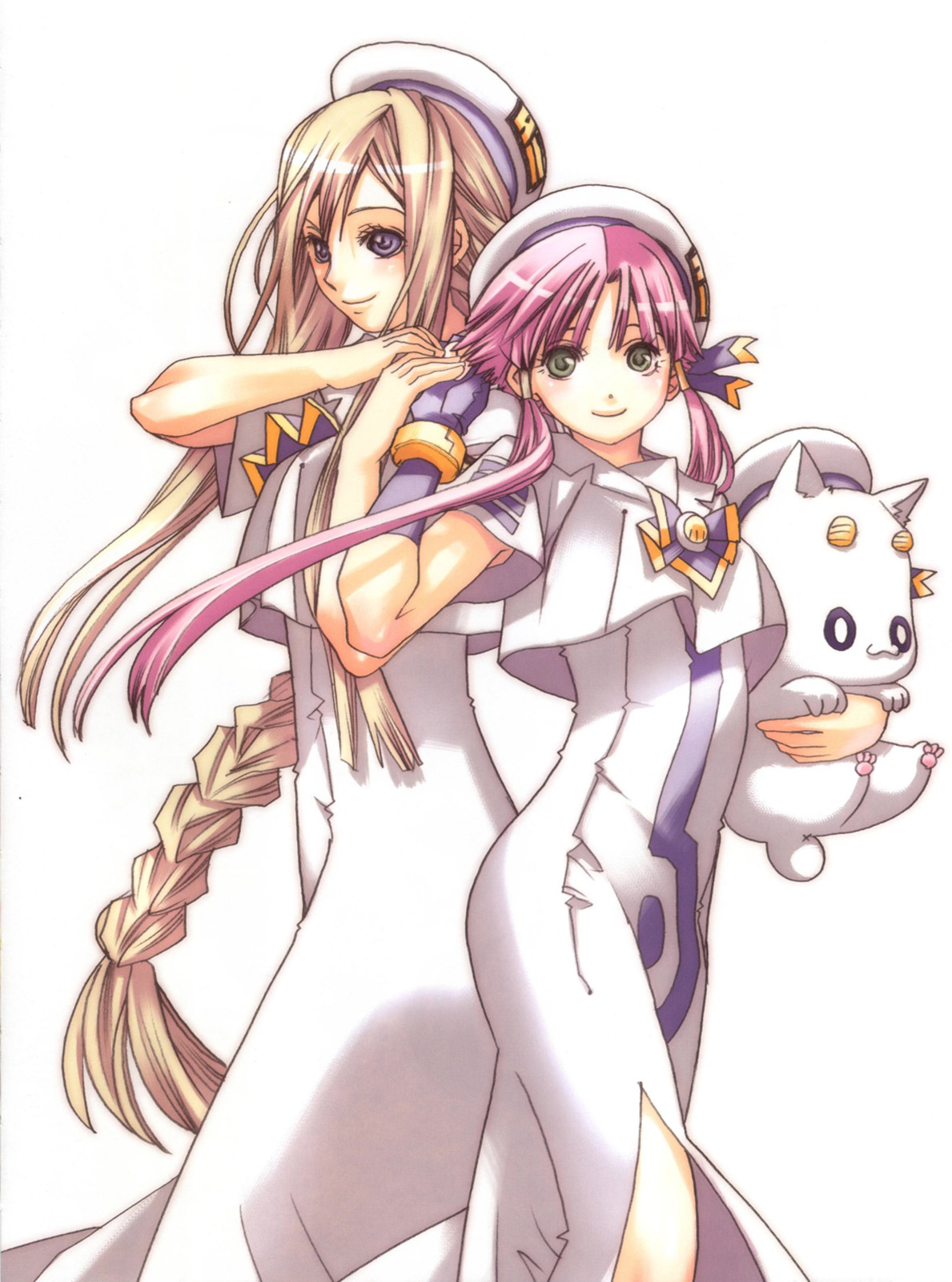 amano kozue, alicia florence, mizunashi akari, aria (manga), highres, 00s, 2girls, armpit peek, blonde hair, blouse, dress, long hair, multiple girls, pink hair, shirt, short hair with long locks, white shirt