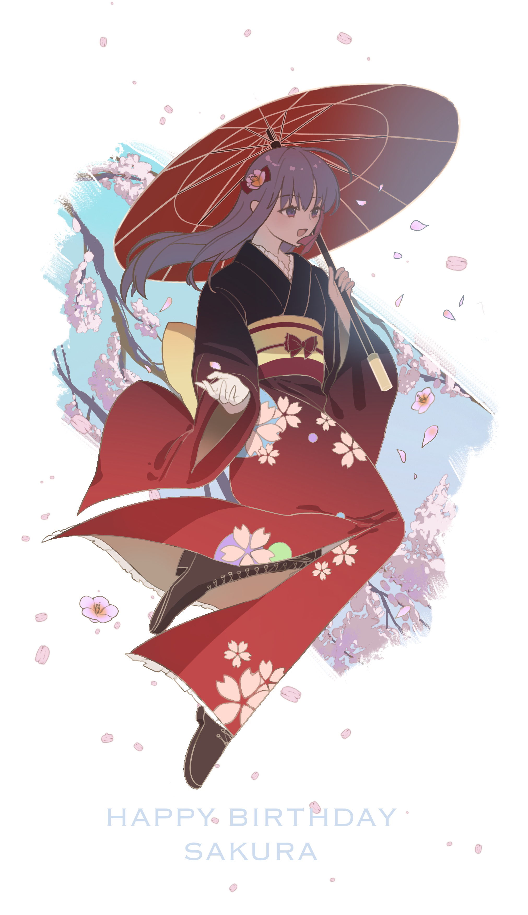 miuoo, matou sakura, matou sakura (fate/extra), fate/extra, fate/stay night, fate (series), absurdres, highres, 1girl, :d, birthday, blue sky, boots, bow, branch, cherry blossoms, day, english text, floating hair, floral print, floral print kimono, flower, furisode, hair bow, hair flower, hair ornament, japanese clothes, jumping, kimono, knee boots, lace trim, name connection, obi, object namesake, oil-paper umbrella, open hand, open mouth, print kimono, red kimono, red umbrella, sash, seal impression, sky, smile, umbrella