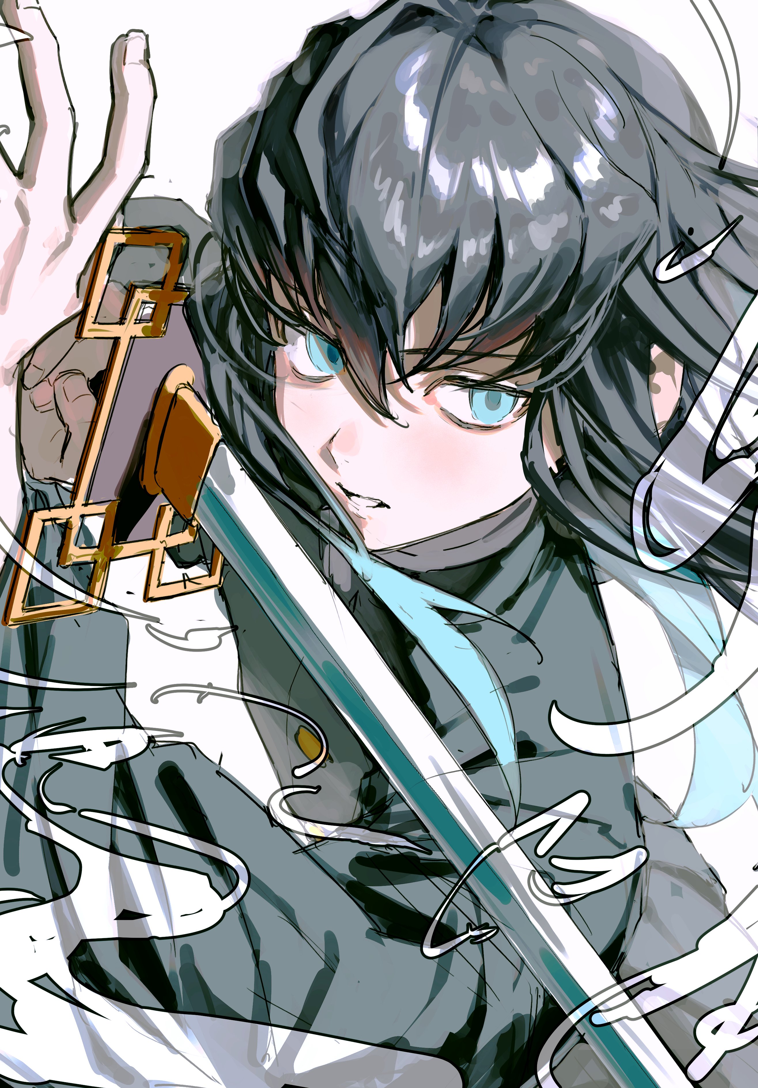 333takoyaki, tokitou muichirou, kimetsu no yaiba, absurdres, commentary request, highres, 1boy, black hair, black jacket, blue eyes, blue hair, blush, demon slayer uniform, gakuran, gradient hair, holding, holding sword, holding weapon, jacket, long hair, long sleeves, multicolored hair, parted lips, school uniform, simple background, solo, sword, weapon