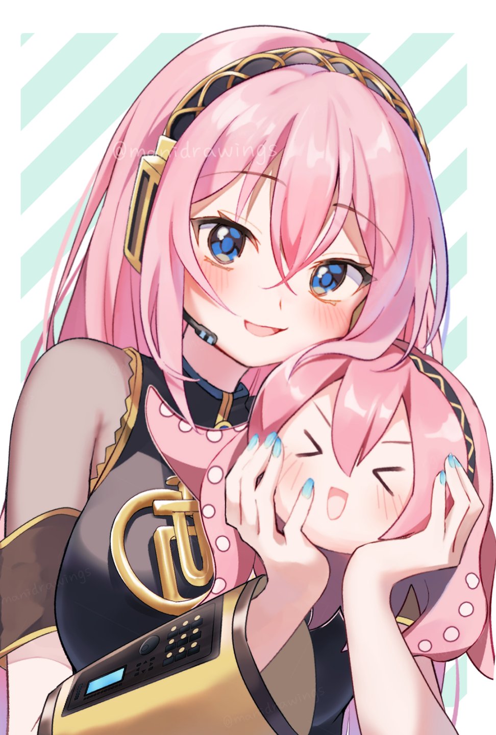 mani (manidrawings), megurine luka, takoluka, vocaloid, commentary request, highres, 1girl, blue eyes, blush, border, detached sleeves, headphones, headset, holding, long hair, long sleeves, nail polish, open mouth, outside border, pink hair, shirt, single detached sleeve, sleeveless, sleeveless shirt, smile, striped background, upper body, white border