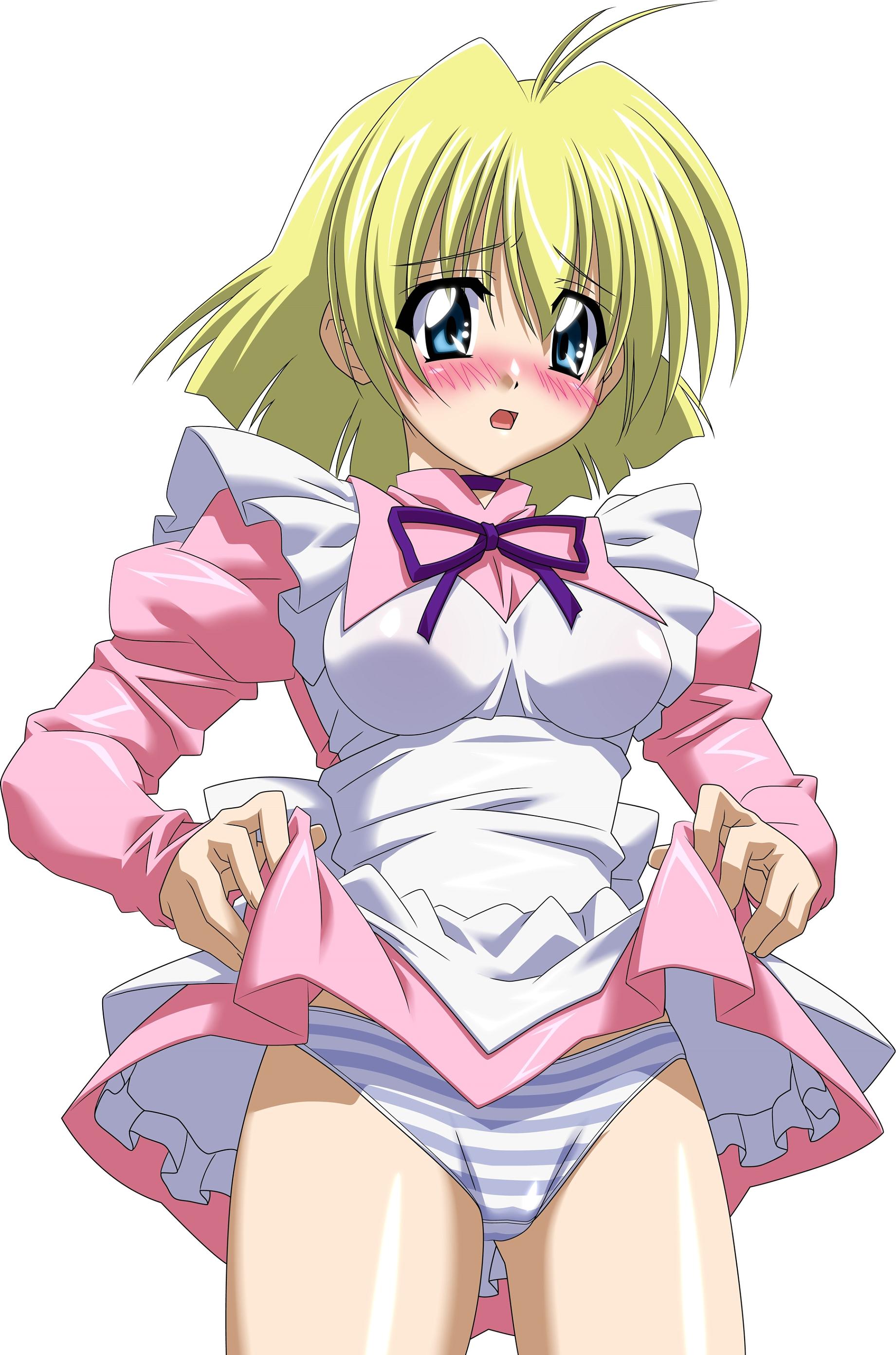 sugimura tomokazu, millennium feria nocturne, lost universe, absurdres, highres, 1990s (style), 1girl, blonde hair, blue eyes, blush, breasts, clothes lift, female focus, maid, panties, retro artstyle, simple background, skirt, skirt lift, solo, standing, striped clothes, striped panties, underwear, waitress, white background