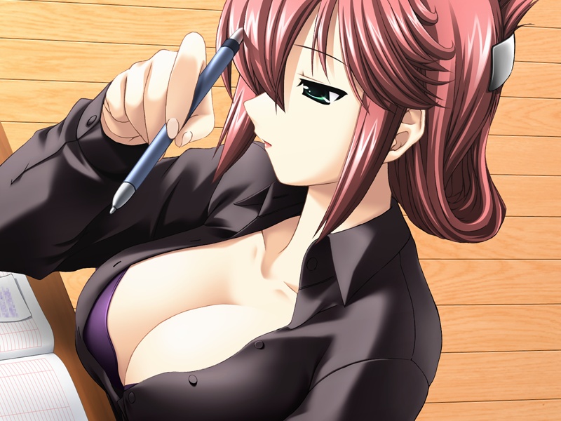 haoto luna, takasaki rikako, pancho de bravo!, game cg, 1girl, breasts, cleavage, female focus, green eyes, pen, pink hair, short hair, solo