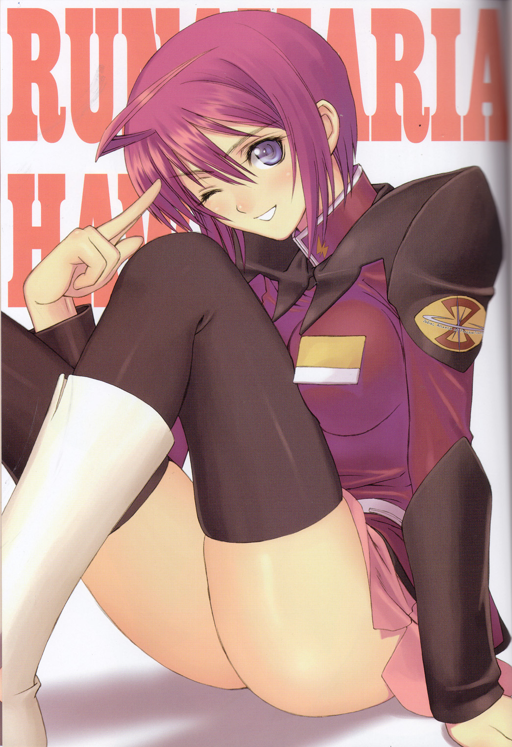 tony taka, lunamaria hawke, gundam, gundam seed, gundam seed destiny, highres, non-web source, scan, 00s, 1girl, ahoge, ass, belt, black thighhighs, blue eyes, blush, boots, female focus, knee boots, knees, legs, long legs, military, military uniform, no panties, one eye closed, pointing, purple eyes, purple hair, red hair, sitting, skirt, smile, solo, thighhighs, thighs, wink