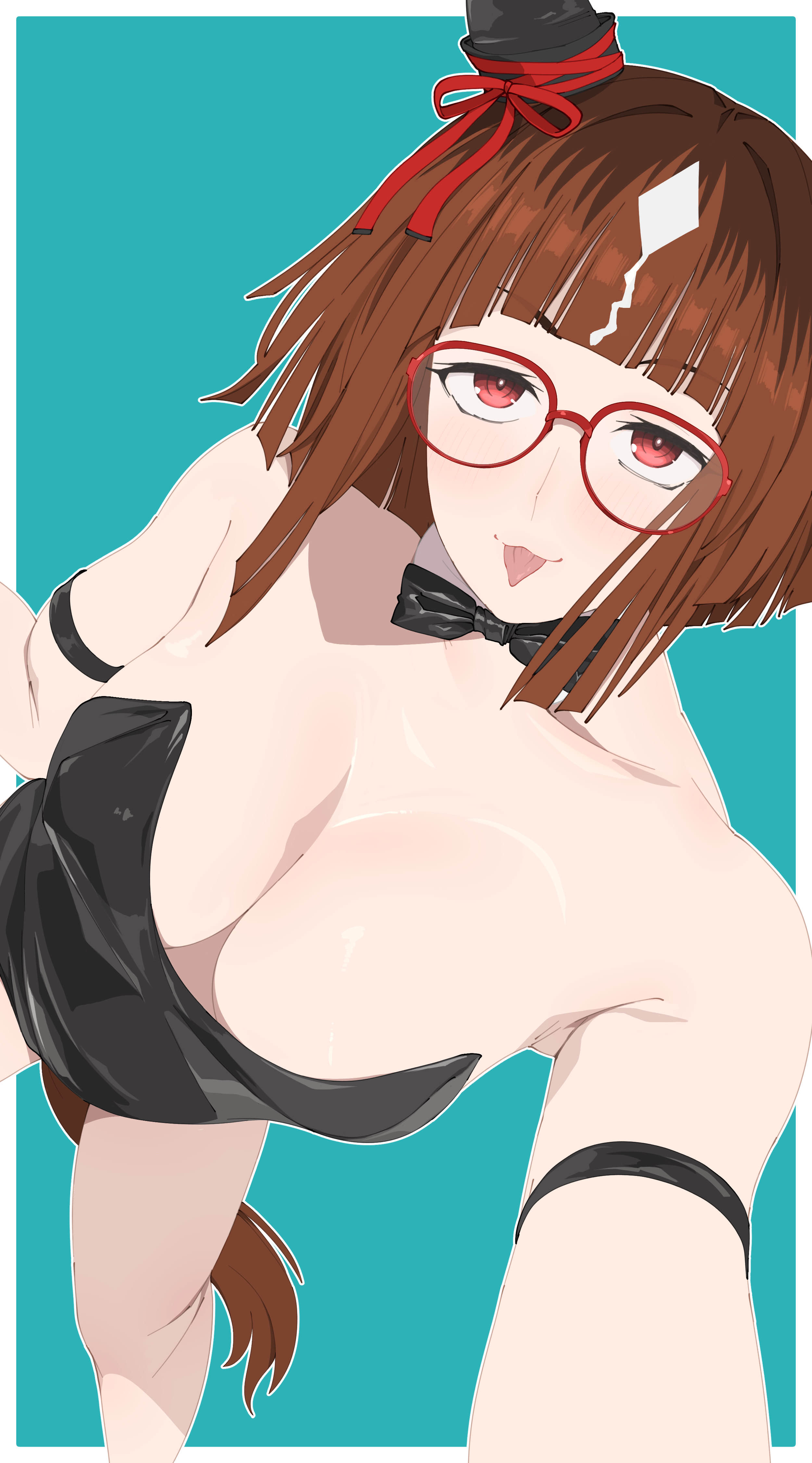 kumabachi315, transcend (umamusume), umamusume, absurdres, commentary request, highres, 1girl, alternate costume, animal ears, bare shoulders, black bow, black bowtie, blue background, border, bow, bowtie, breasts, brown hair, cleavage, detached collar, dutch angle, ear ornament, elbow gloves, from above, glasses, gloves, horse ears, horse girl, horse tail, large breasts, leotard, looking at viewer, multicolored hair, nontraditional playboy bunny, outside border, red-framed eyewear, red eyes, short hair, smile, solo, strapless, strapless leotard, streaked hair, tail, tongue, tongue out, white border, white gloves, white hair