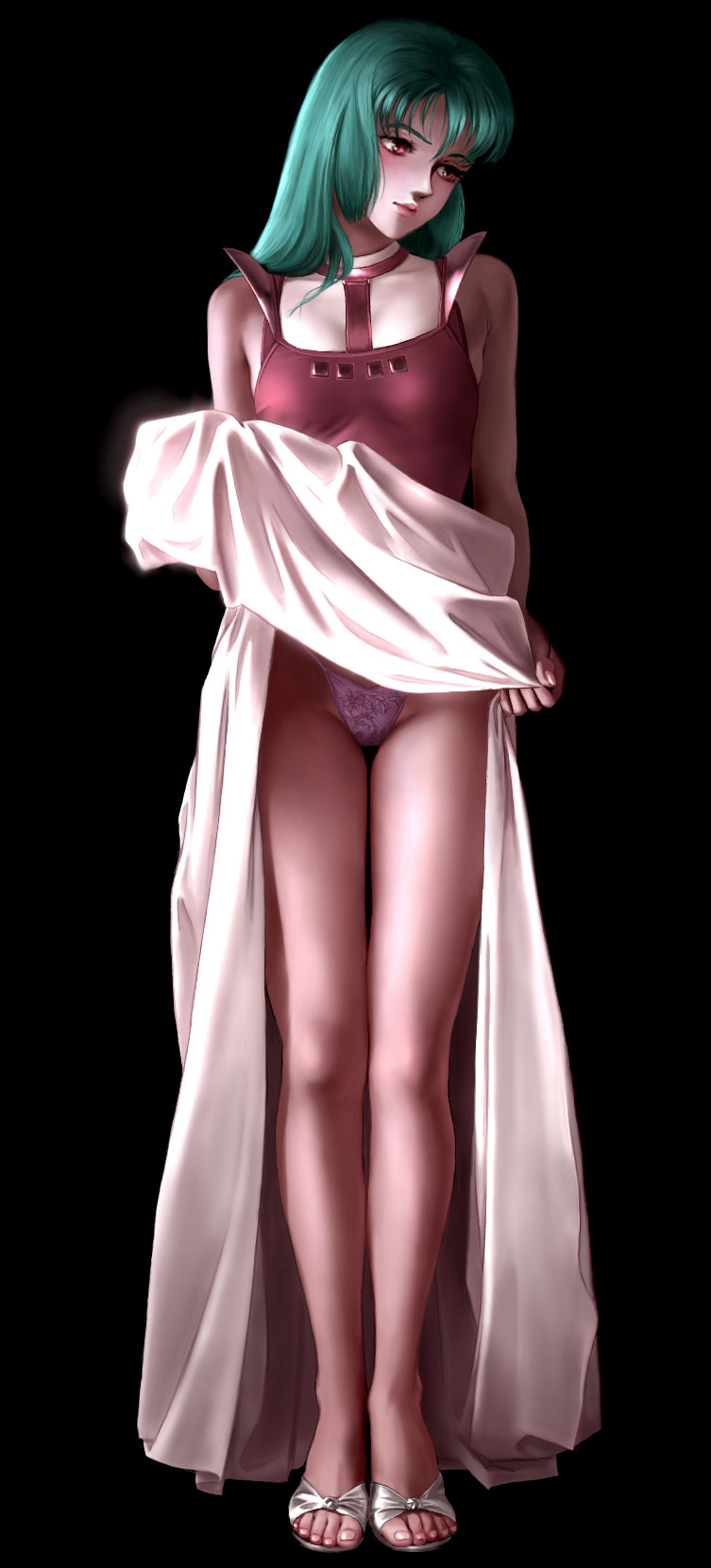 python (snake legs), ciela lapana, seisenshi dunbine, highres, 1girl, blush, clothes lift, dress, dress lift, feet, female focus, gown lift, green hair, legs, long hair, long legs, panties, pantyshot, purple panties, red eyes, simple background, skirt, skirt lift, solo, thighs, toes, underwear, upskirt