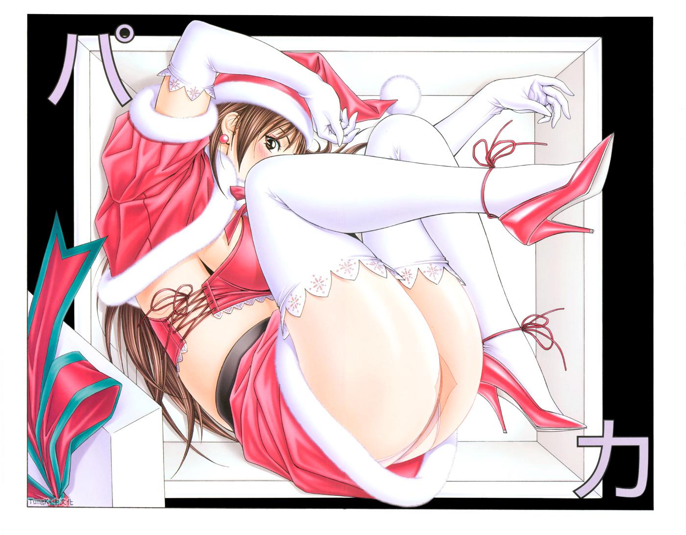 yagami hiroki, morino kiyomi, g-taste, lace-trimmed legwear, non-web source, official art, scan, 1girl, arm up, ass, belt, blush, border, bow, bowtie, box, breasts, brown eyes, brown hair, christmas, crop top, cross-laced clothes, crotch seam, earrings, elbow gloves, embarrassed, female focus, from above, fur trim, gift, gift box, gloves, hat, high heels, in box, in container, jacket, jewelry, lace, lace-trimmed gloves, lace trim, large breasts, legs up, long hair, looking at viewer, looking back, lying, midriff, miniskirt, on back, on side, open clothes, open jacket, panties, panties under pantyhose, pantyhose, pantyshot, profile, ribbon, santa costume, santa hat, see-through clothes, see-through legwear, shoes, sideboob, skirt, solo, thighhighs, thighhighs over pantyhose, underwear, upskirt, watermark, white gloves, white panties, white pantyhose, white thighhighs