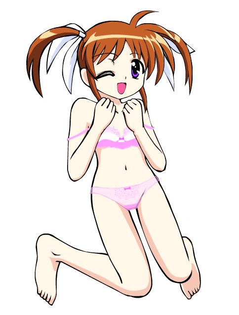 takamachi nanoha, lyrical nanoha, mahou shoujo lyrical nanoha, 00s, 1girl, brown hair, female focus, lingerie, loli, one eye closed, open mouth, purple eyes, simple background, solo, underwear, wink