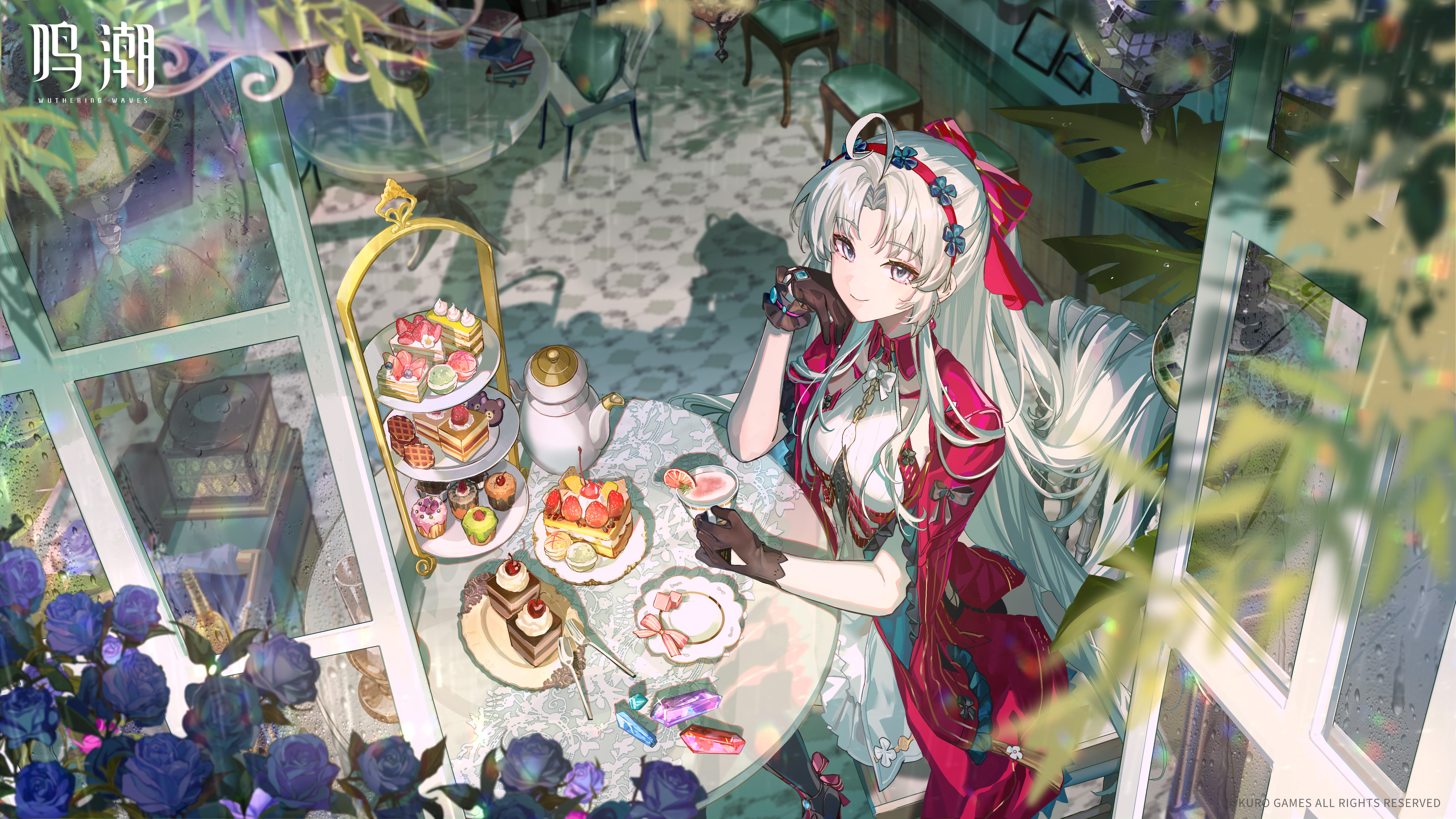 carlotta (wuthering waves), wuthering waves, absurdres, food request, highres, official art, 1girl, ahoge, aqua eyes, black gloves, bow, breasts, closed mouth, crystal, dessert, dress, earrings, food, fork, from above, from outside, gloves, hair bow, hairband, hand up, indoors, jacket, jewelry, logo, long hair, looking at viewer, medium breasts, missing commentary, parted bangs, pink bow, pink hairband, pink jacket, sitting, smile, solo, striped bow, table, very long hair, white dress, white hair