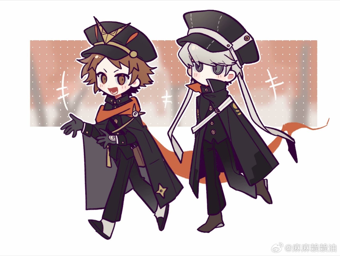 zhenquanxicailan, hanamura yousuke, izanagi (persona 4), jiraiya (persona 4), narukami yu, persona, persona 4, 2boys, black gloves, black hat, black pants, blush, brown eyes, brown hair, cosplay, gloves, grey hair, hat, izanagi (persona 4) (cosplay), jiraiya (persona 4) (cosplay), male focus, multiple boys, pants, peaked cap, walking