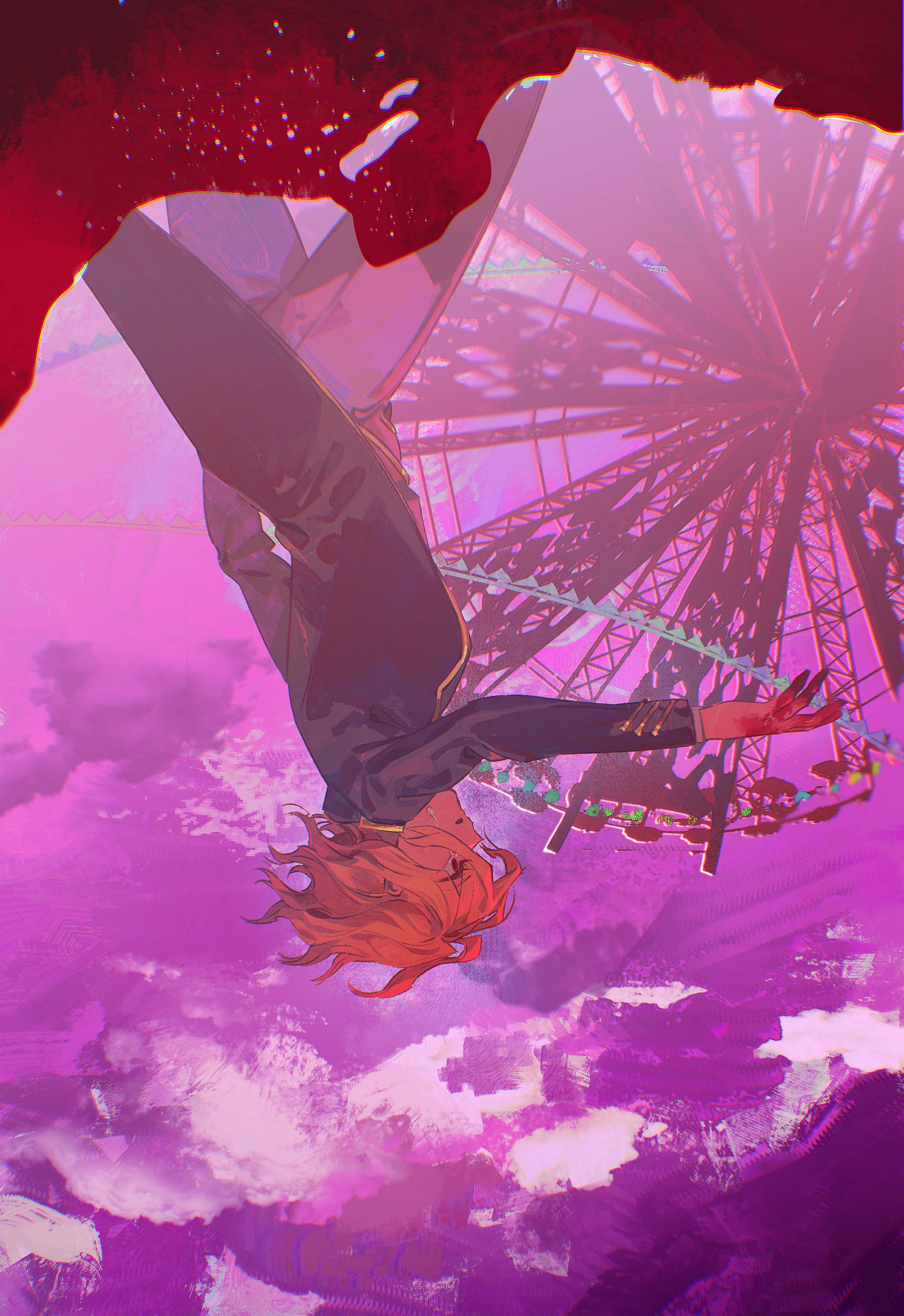 don quixote (project moon), sancho (project moon), limbus company, project moon, absurdres, highres, 1girl, black coat, blonde hair, blood, blood on hands, coat, collared shirt, ferris wheel, incorrectnobody, long sleeves, looking to the side, pants, parted bangs, purple sky, red eyes, shirt, short hair, sky, solo, standing, upper body, upside-down, white pants, white shirt
