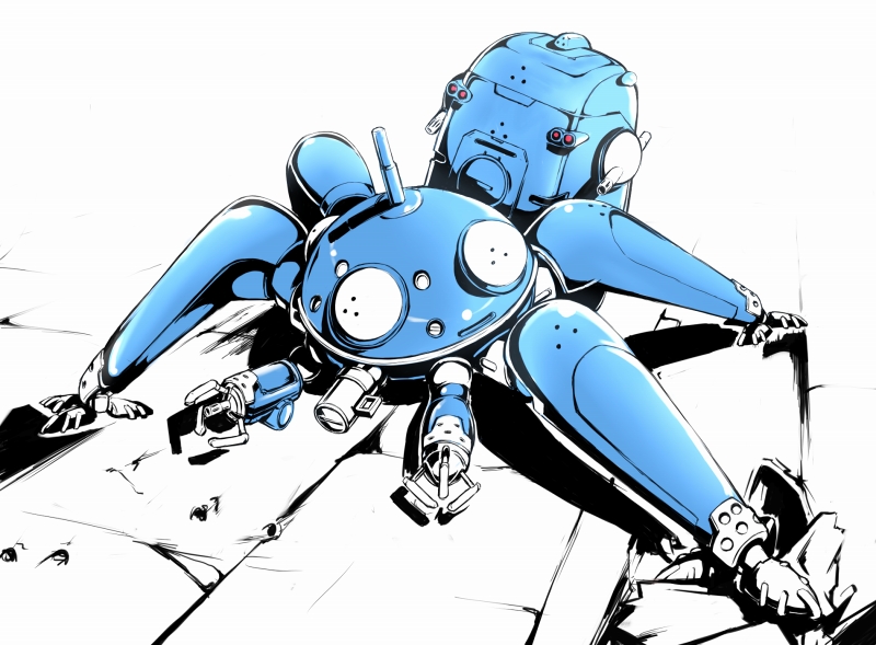 ina (gokihoihoi), tachikoma, ghost in the shell, full body, glass, machinery, no humans, simple background, solo, white background