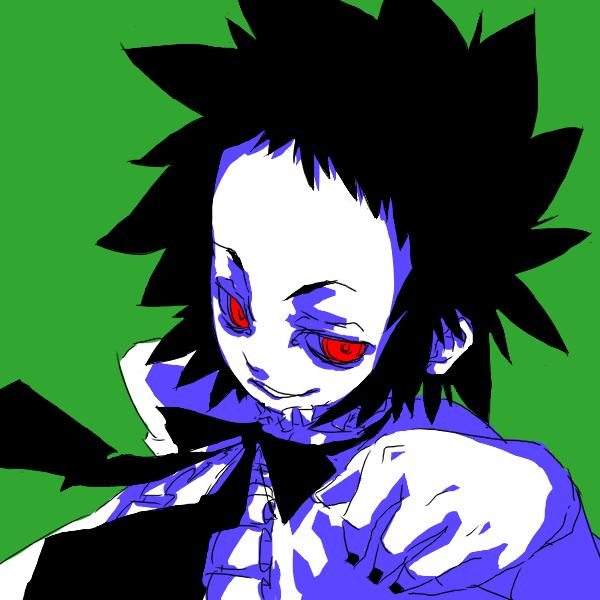 road kamelot, d.gray-man, 00s, 1girl, black bow, black bowtie, black hair, bow, bowtie, colored skin, evil grin, evil smile, female focus, green background, grin, looking at viewer, parted lips, red eyes, simple background, smile, solo, spiked hair, teeth, white skin
