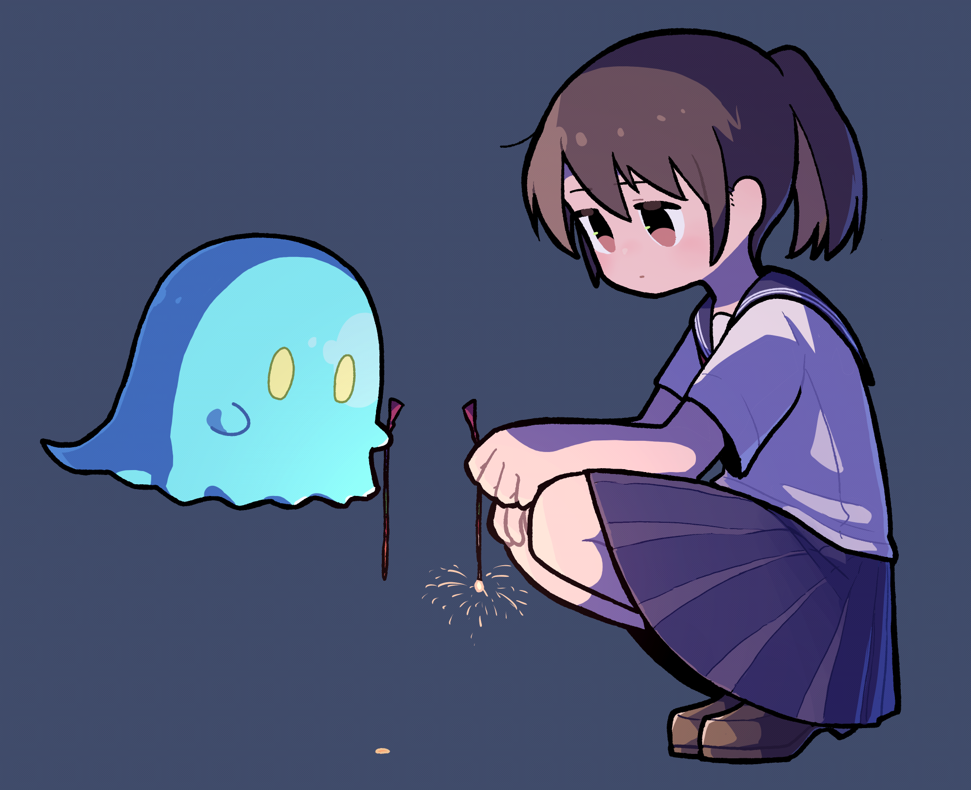takurada, original, commentary request, highres, 1girl, blue background, brown eyes, brown hair, fireworks, full body, ghost, holding, holding fireworks, loafers, looking down, pleated skirt, ponytail, school uniform, senkou hanabi, serafuku, shoes, short sleeves, skirt, solo, sparkler, squatting