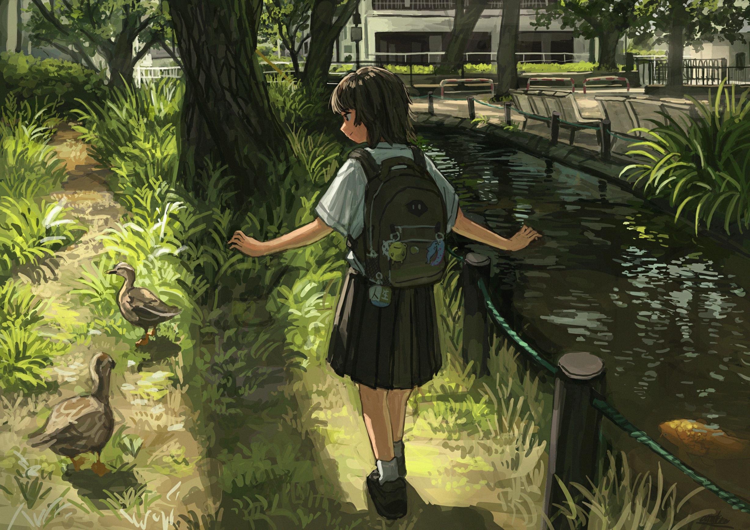 anko1127, original, commentary request, highres, 1girl, animal, backpack, bag, bag charm, bench, bird, black eyes, brown bag, brown shoes, building, bush, catfish, charm (object), closed mouth, day, duck, fence, fish, from behind, full body, grass, loafers, looking at animal, looking to the side, medium skirt, outdoors, outstretched arms, park, path, pleated skirt, profile, railing, road, scenery, shirt, shoes, short hair, short sleeves, skirt, smile, socks, solo, stream, tall grass, tree, walking, water, white shirt, white socks