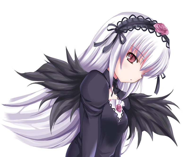 tomusooya, suigintou, rozen maiden, silver hair, 00s, 1girl, dress, female focus, hairband, long hair, red eyes, solo, wings