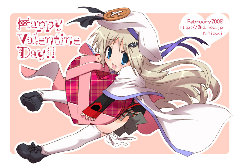 hizuki yayoi, noumi kudryavka, little busters!, silver hair, bad id, bad pixiv id, 1girl, blue eyes, buttons, cape, female focus, happy valentine, hat, large buttons, long hair, plaid clothes, plaid skirt, skirt, solo, thighhighs, valentine