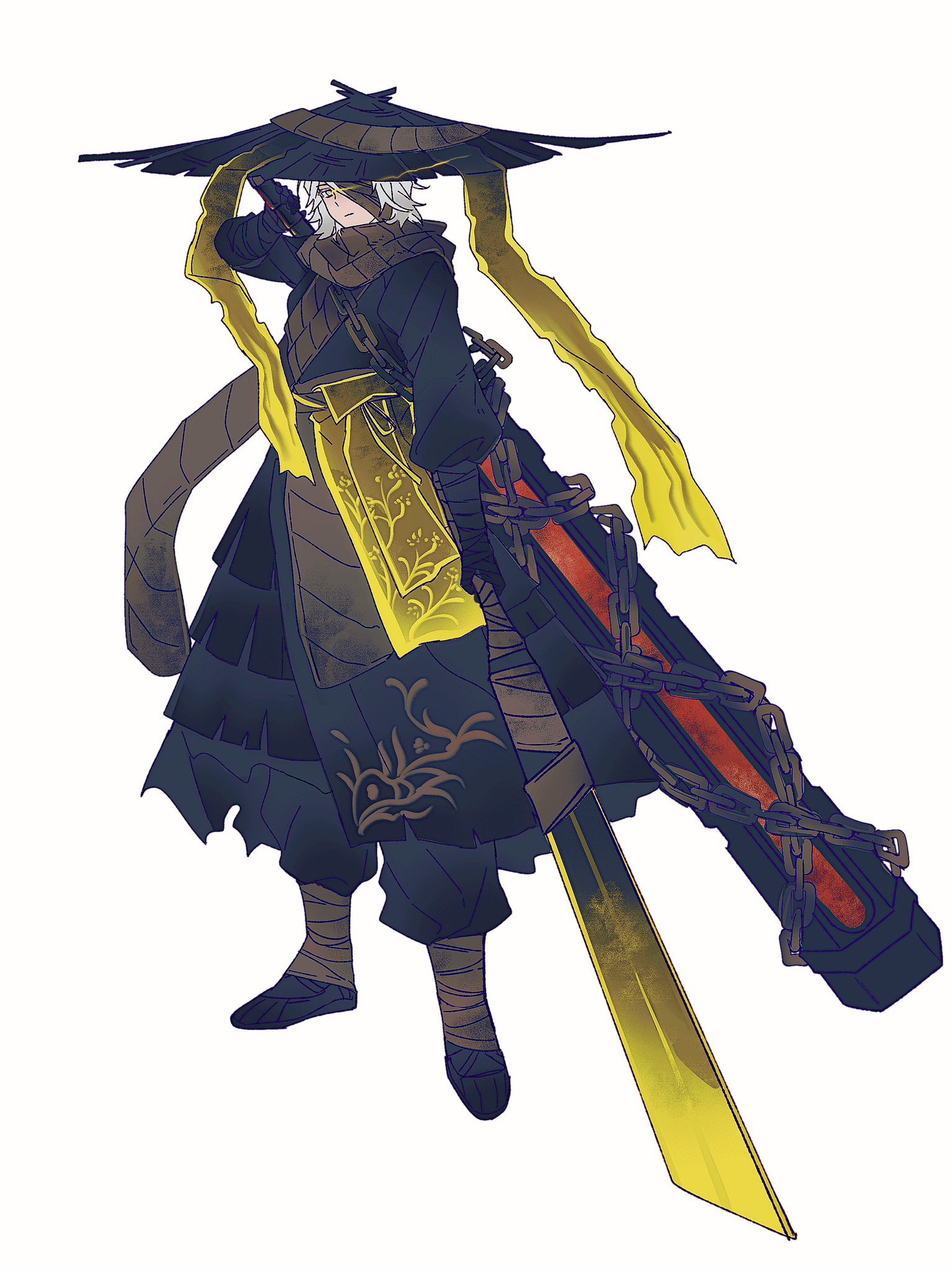 faust (project moon), limbus company, project moon, highres, 1girl, bandage over one eye, bandaged arm, bandaged weapon, bandages, black hanfu, blue eyes, chain, chinese clothes, closed mouth, conical hat, full body, grey scarf, hand wraps, hanfu, hat, heishou pack-mao branch (identity) (project moon), holding, holding sword, holding weapon, looking at viewer, multicolored eyes, one eye covered, ribbon, rice hat, scarf, short hair, simple background, solo, standing, sword, sword on back, two-tone eyes, weapon, weapon on back, white background, white hair, yellow eyes, yellow ribbon, yellowm26912712