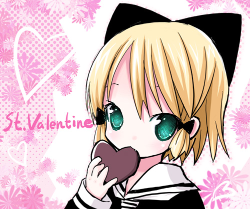 kiira, original, lowres, 1girl, blonde hair, candy, chocolate, chocolate heart, female focus, food, heart, solo, valentine
