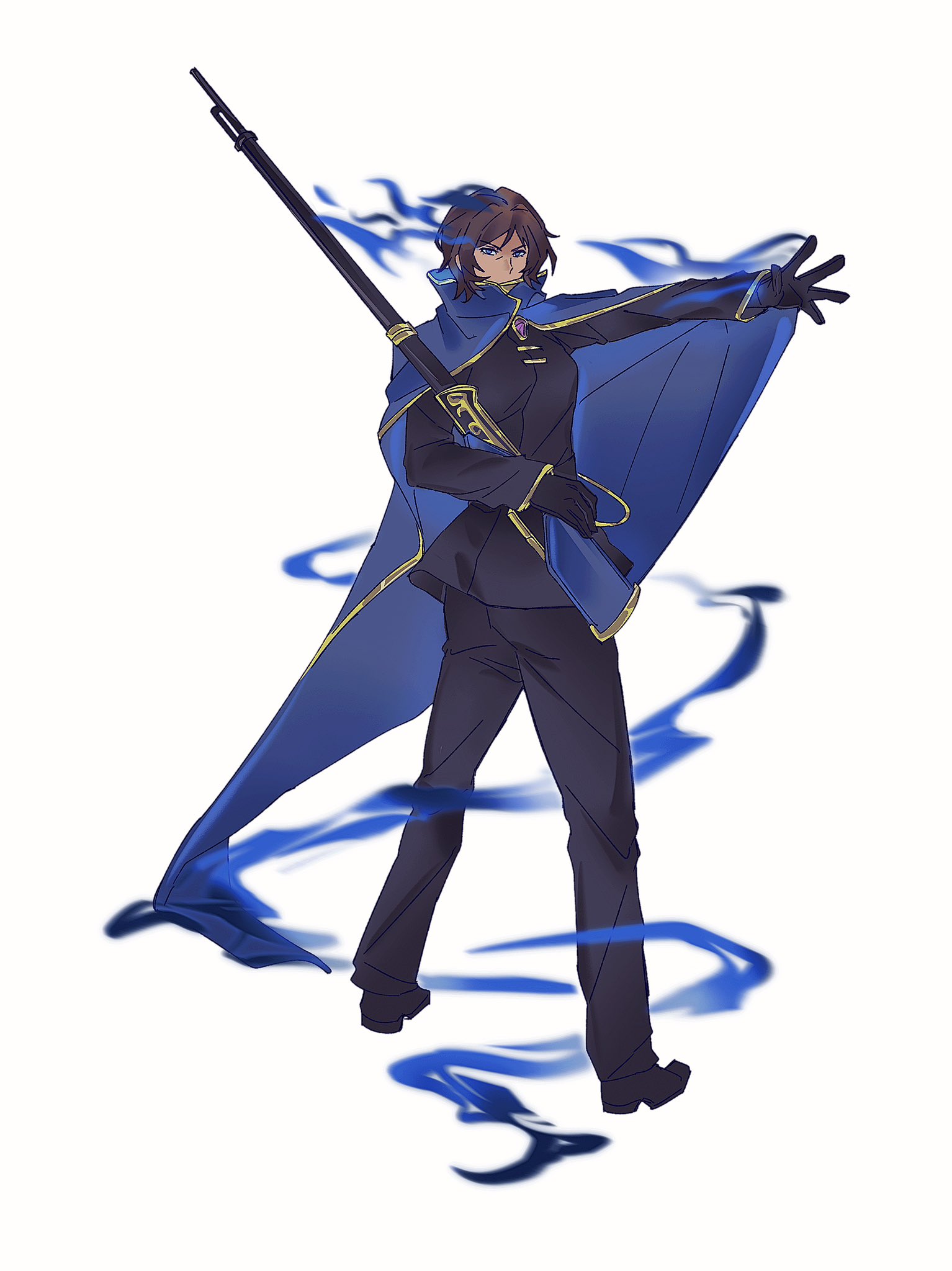 outis (project moon), limbus company, project moon, highres, 1girl, black gloves, black pants, black shirt, black shoes, blue cape, blue eyes, blue fire, brown hair, cape, collared shirt, dark-skinned female, dark skin, e.g.o (project moon), fire, full body, gloves, gold trim, gun, holding, holding gun, holding weapon, long sleeves, looking at viewer, magic bullet (e.g.o), pants, purple brooch, shirt, shoes, short hair, simple background, solo, standing, weapon, white background, yellowm26912712