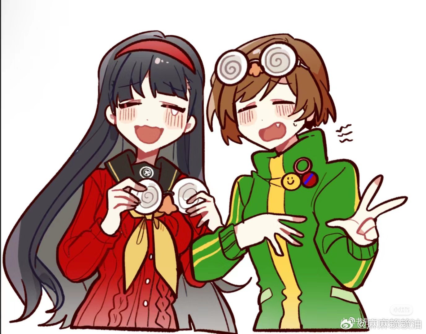 zhenquanxicailan, amagi yukiko, satonaka chie, persona, persona 4, 2girls, badge, black hair, black sailor collar, brown hair, button badge, closed eyes, coke-bottle glasses, exhausted, fang, glasses, green jacket, groucho glasses, hairband, holding, holding removed eyewear, jacket, long hair, multiple girls, neckerchief, open mouth, red hairband, red sweater, sailor collar, simple background, sweater, tears, unworn eyewear, white background, yellow neckerchief