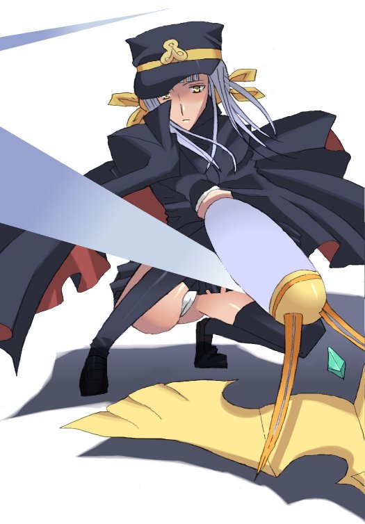 fumika, kanaka, shigofumi, silver hair, 00s, 1girl, cameltoe, cape, female focus, hat, panties, shako cap, solo, squatting, thighhighs, underwear, white background, yellow eyes