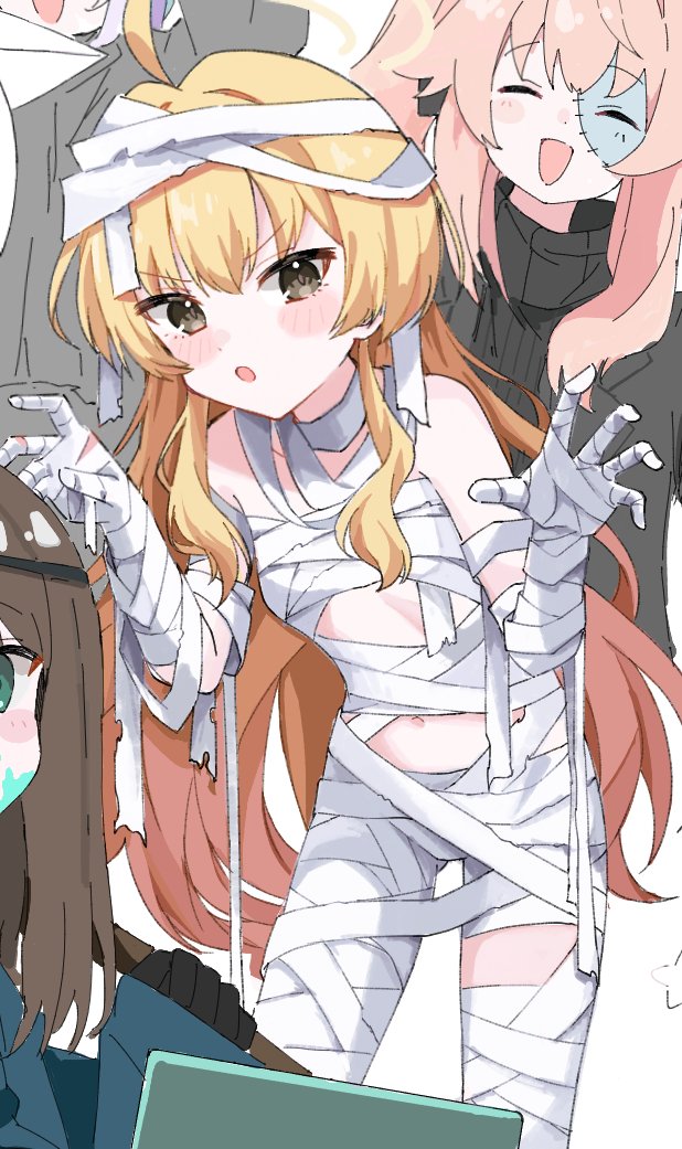 nifuji, airi (blue archive), airi (halloween) (blue archive), natsu (blue archive), natsu (halloween) (blue archive), yoshimi (blue archive), yoshimi (halloween) (blue archive), blue archive, 4girls, ahoge, bandages, black sweater, blonde hair, blush, brown eyes, brown hair, closed eyes, halloween, halloween costume, halo, long hair, looking at viewer, multiple girls, mummy costume, naked bandage, navel, open mouth, patchwork skin, pink hair, sweater, yellow halo