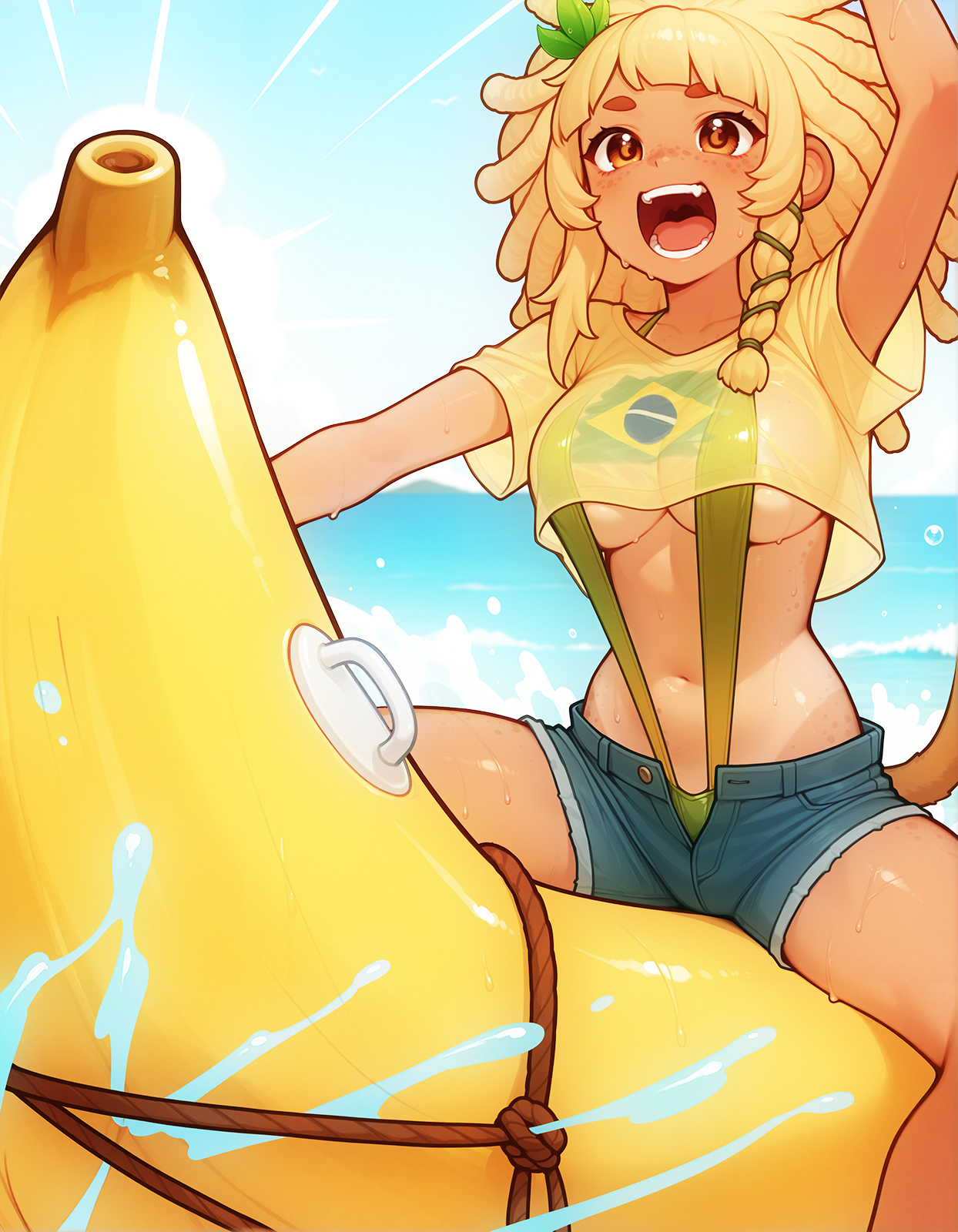 bananajuju, indie virtual youtuber, highres, 1girl, alternate costume, animal ears, banana boat, blonde hair, brazilian flag, brazilian flag print, breasts, brown eyes, brown tail, crop top, day, denim, denim shorts, dreadlocks, flag print, large breasts, long hair, monkey ears, monkey girl, monkey tail, navel, nisekameko, open clothes, open mouth, open shorts, outdoors, print shirt, shirt, short shorts, short sleeves, shorts, slingshot swimsuit, solo, swimsuit, tail, underboob, virtual youtuber, yellow shirt, yellow slingshot swimsuit