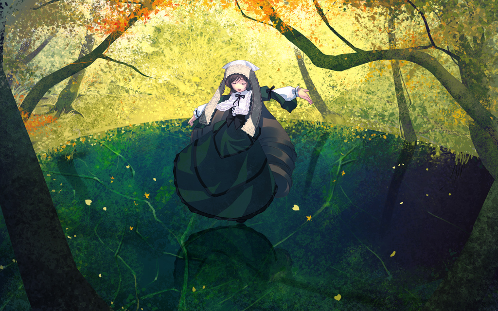 aikura chihiro, suiseiseki, rozen maiden, 00s, 1girl, :d, autumn, autumn leaves, bikini, black ribbon, brown hair, closed eyes, corset, dress, drill hair, falling leaves, female focus, frilled bikini, frilled dress, frills, full body, green dress, headscarf, layered dress, leaf, long hair, long sleeves, open mouth, outdoors, outstretched arms, plant, pond, reflection, ribbon, shore, smile, solo, swimsuit, tree, very long hair, water, white headscarf